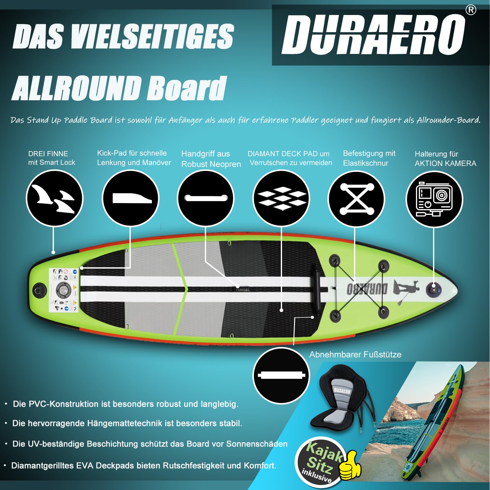 Planche de paddling Stand up paddling SUP - Siège kayak - 330 x 76 x 15 cm - Jusqu'à 150 kg - Coussinet intégré - 3 Finlandais - Double pagaie réglable - Accessoires complets