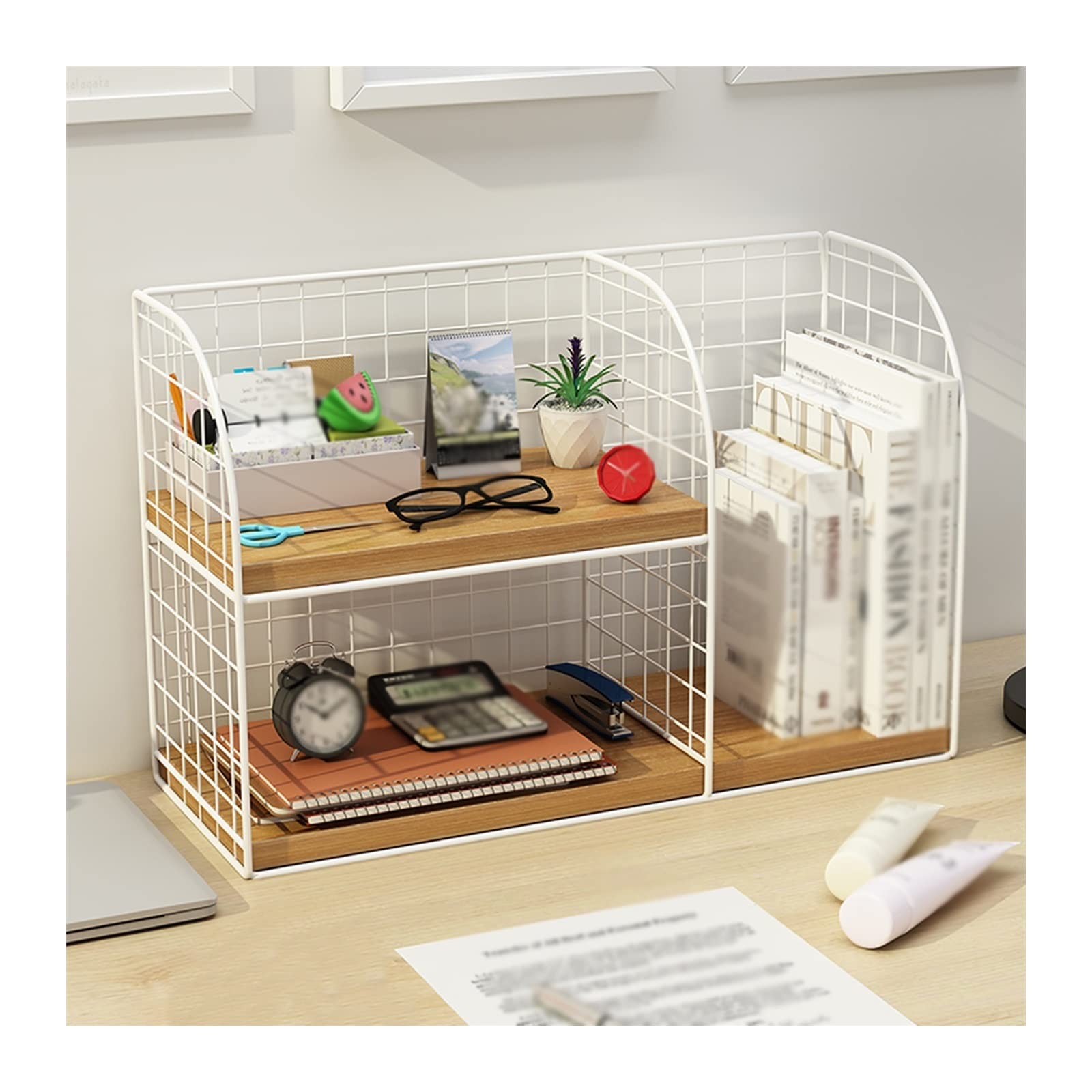 Huangj-0527 Book Storage Office Desktop Organizer, Desk File Storage Rack, 2-layer Bookshelf, Children's Organizing, 15.7 X 6.2 9.8 Inch, White