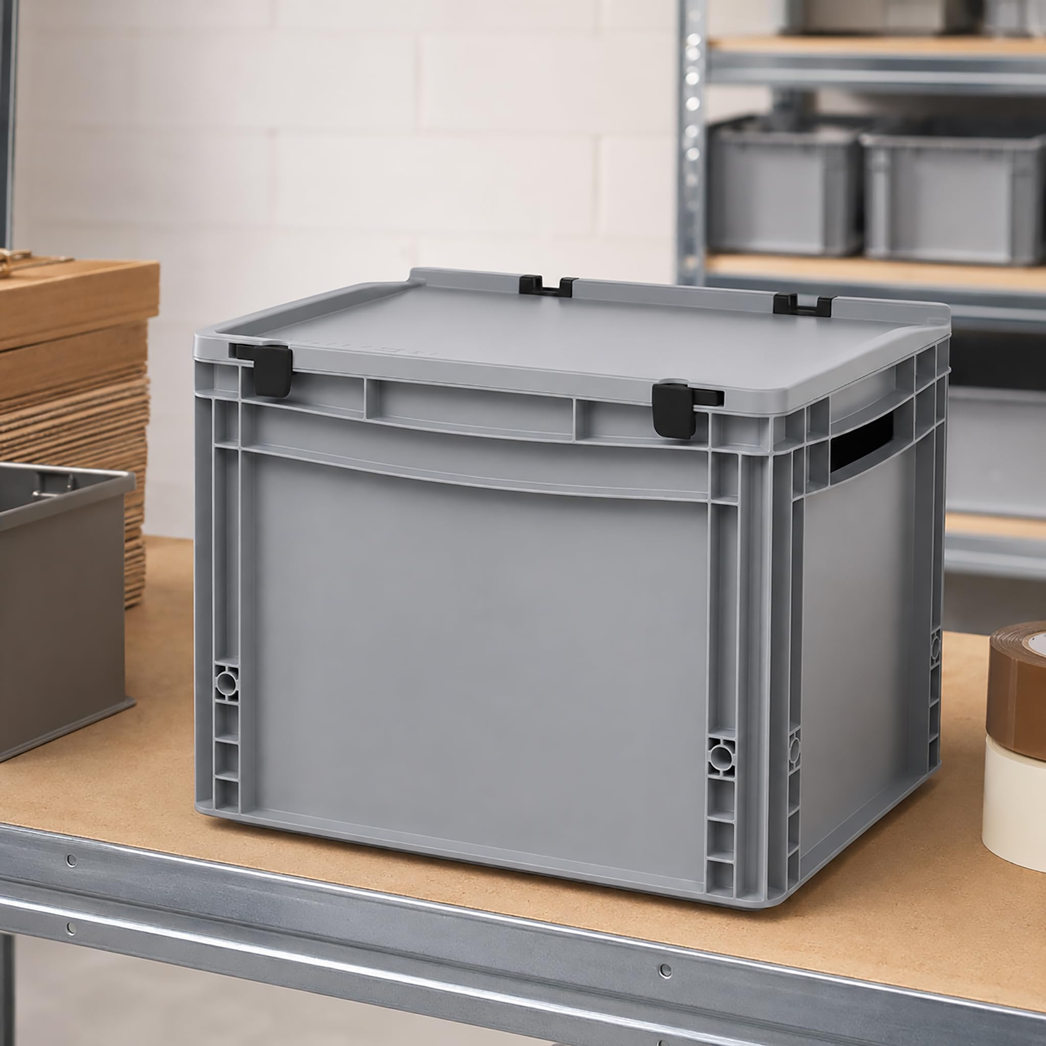 AUER Eurobehälter mit Schanierdeckel ED 43/32 | 40 x 30 x 33,5 cm Stapelbox Lagerbox Keller-Kiste robust und leicht