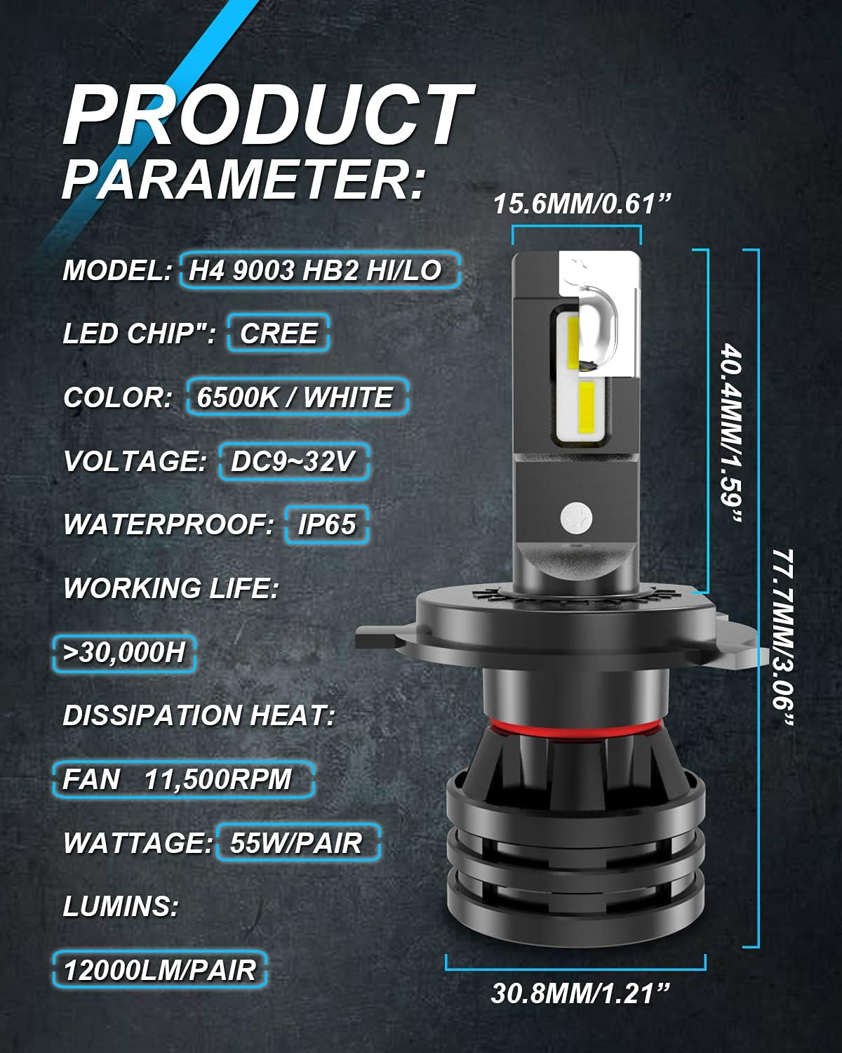 KATUR H4 9003 HB2 Led Headlight Bulbs Hi/Lo Mini Design Upgraded LED Chips Extremely Bright 12000 Lumens Waterproof All-in-One LED Headlight Conversion Kit 55W 6500K Xenon White-2 Years Waranty