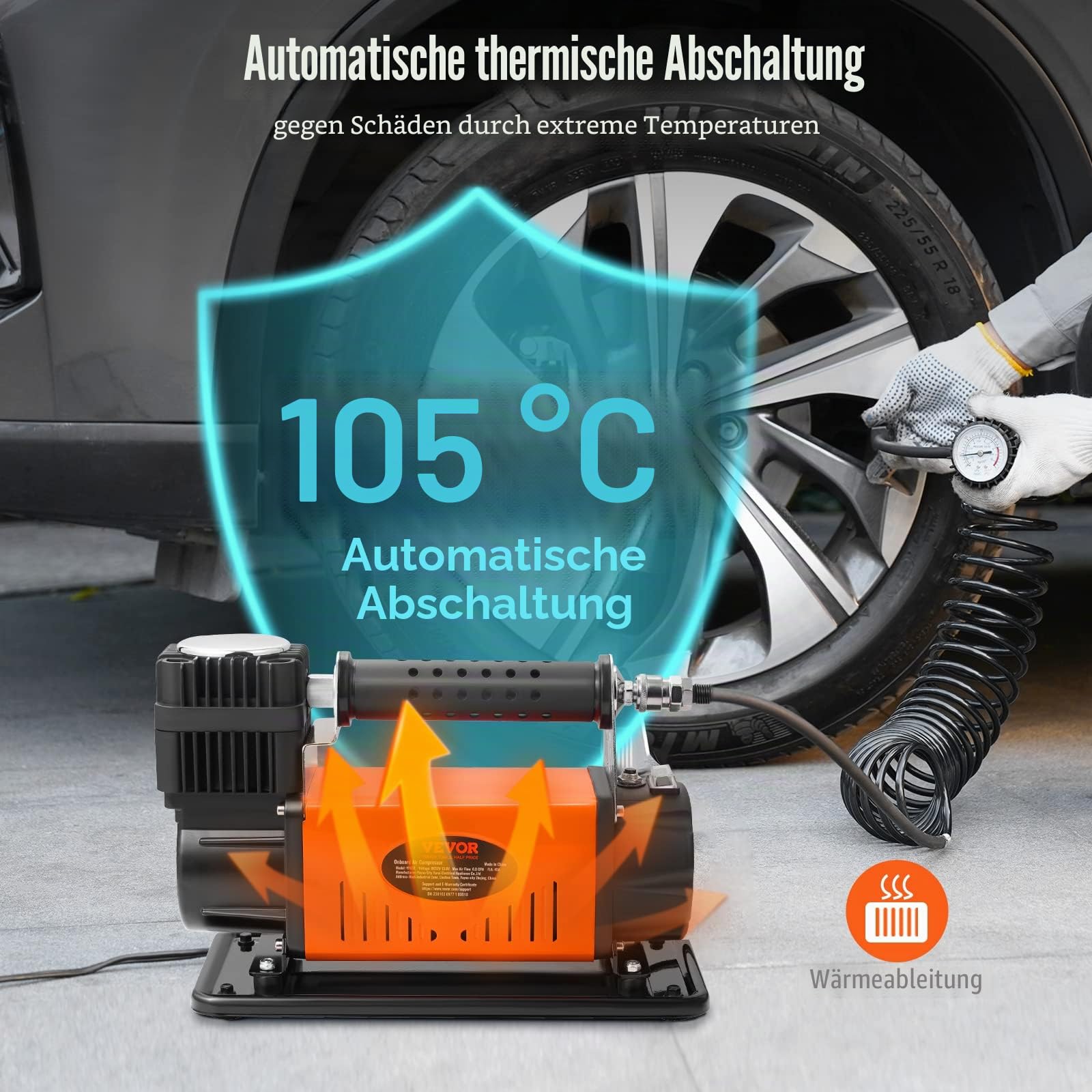 VEVOR 12V Auto-Kompressor 150PSI Luftkompressor 6CFM(170L/Min) Auto Reifenfüller mit Wärmeschutz Luftpumpe inkl. 3m Netzkabel und 6m Luftschlauch Ideal für LKW SUV RV Schlauchboote usw.