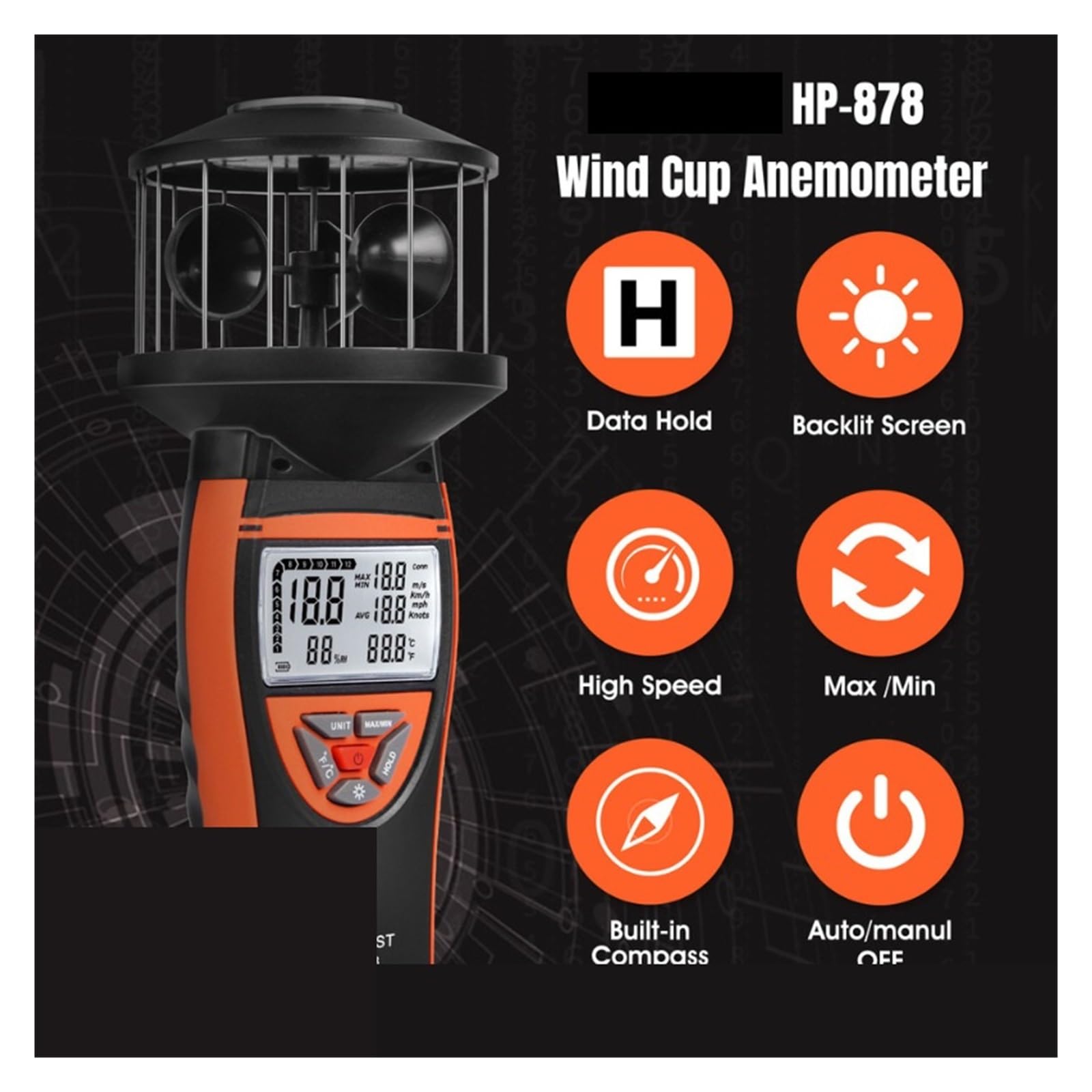 Anemometro, Anemómetro de copa de viento, medidor de velocidad del viento de alta precisión que mide la velocidad y la temperatura del viento.