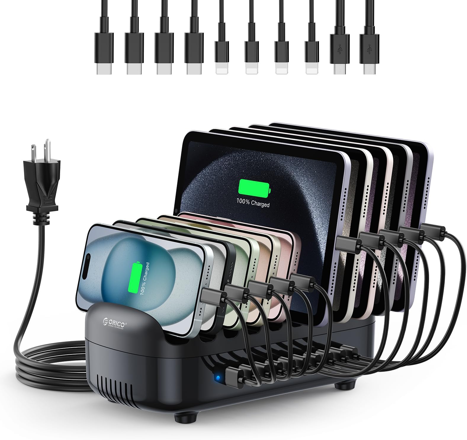 ORICO 120W Charging Station for Multiple Devices, 10-Ports USB Charging Docking Organizer with Cables, Multi USB Charging Station Compatible with iPad, Tablet, Kindle, Airpods and Cell Phone