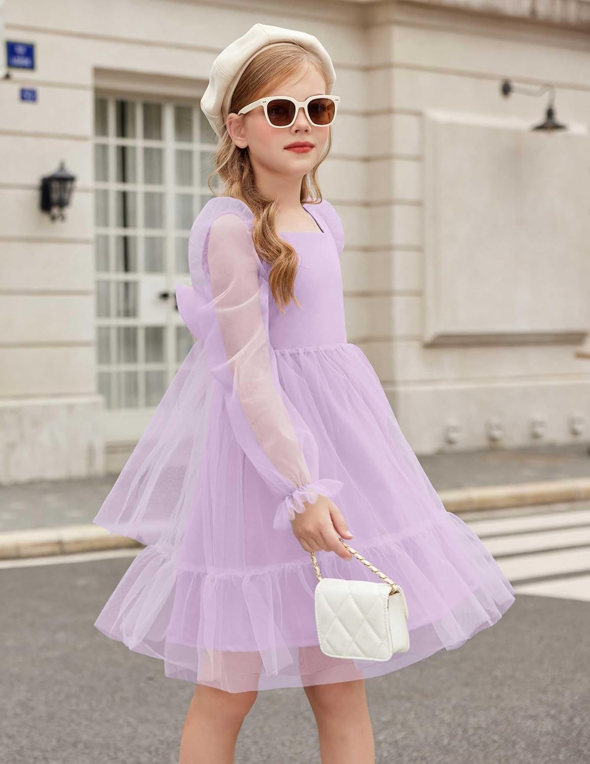 Arshiner Girls Tie Back Dress Puff Long Sleeve Formal Square Neck Party Tulle Dresses - Image 4