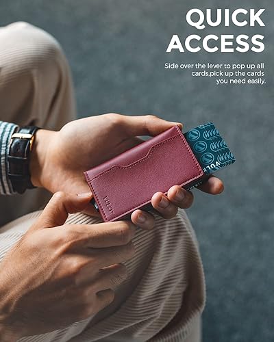 Miniatura 2 de VULKIT Cartera delgada desplegable para mujer, soporte minimalista para tarjetas de crédito con ranuras de cuero, cartera bifold metálica con