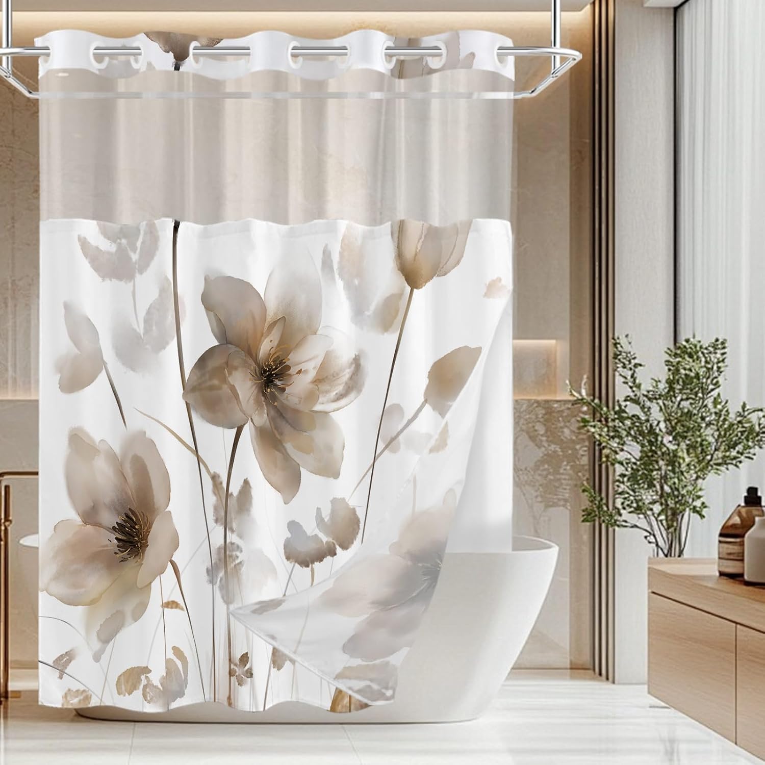 No Hook Shower Curtain and Liner Set, Brown Boho Floral Shower Curtains for Bathroom, Watercolor Flower Waterproof Bathroom Curtain Sets with Snap in Liner, 71x74 Inch