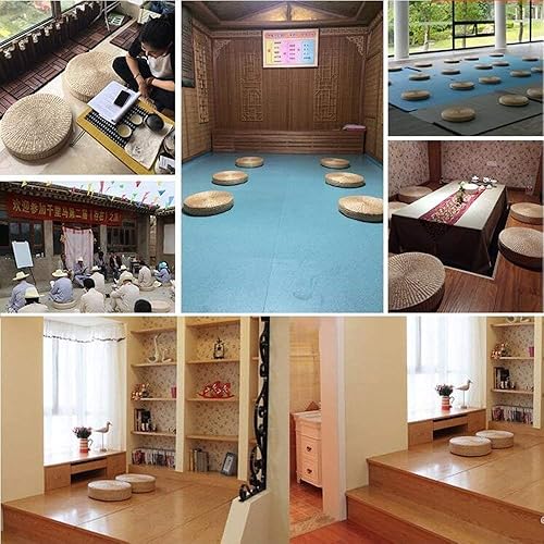 Miniatura 7 de Paquete de 2 cojines de suelo de tatami para sentarse, tamaño más grande, acolchados, redondos, con pajilla, para asiento al aire libre (diámetro