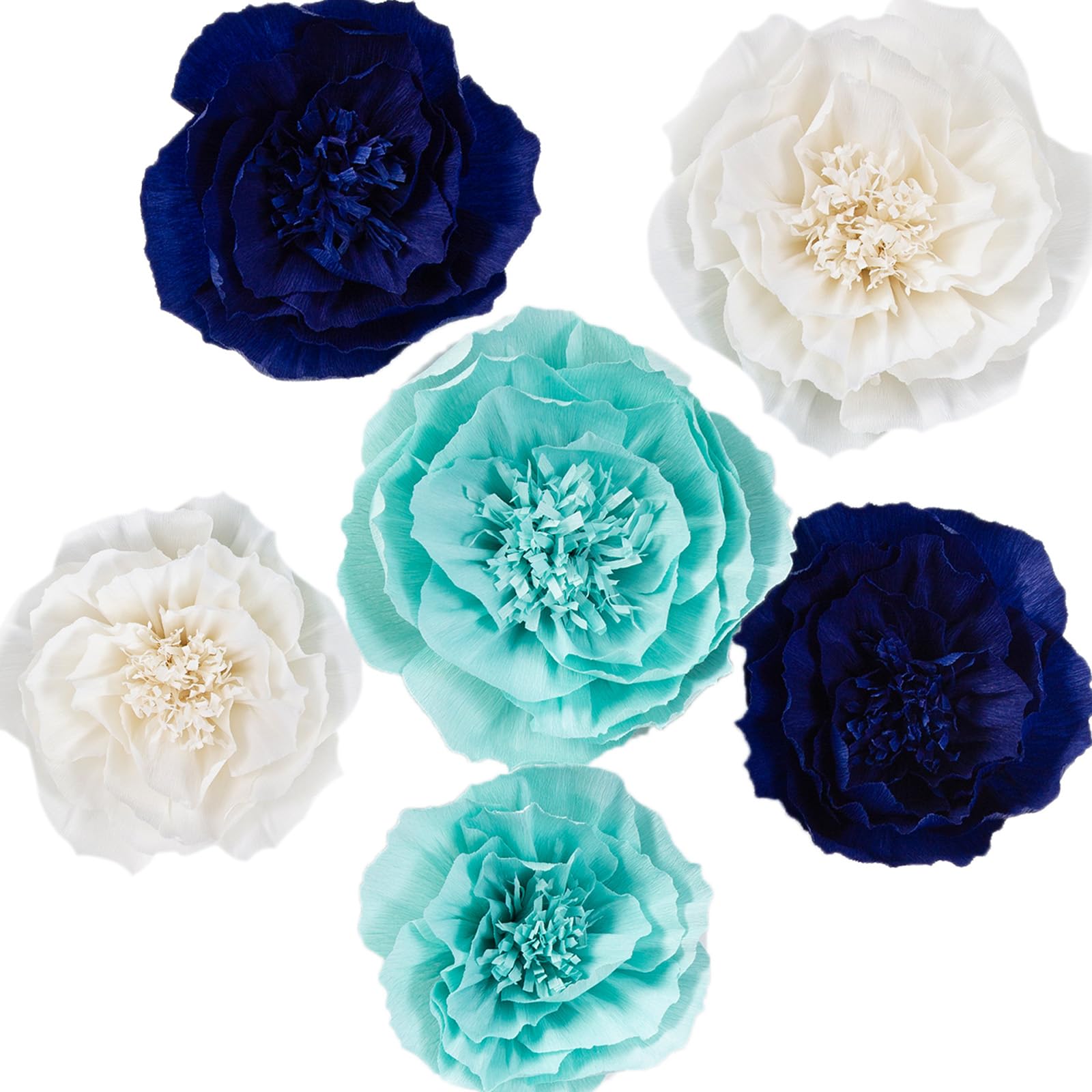 KEY SPRING Huge Crepe Paper Flower Decorations for Wall, Navy Blue Wedding Backdrop, Baby Boy Nursery Wall Decor, Bridal Shower, Nautical Theme Birthday Party (Navy Blue, Light Blue, White, Set of 6)