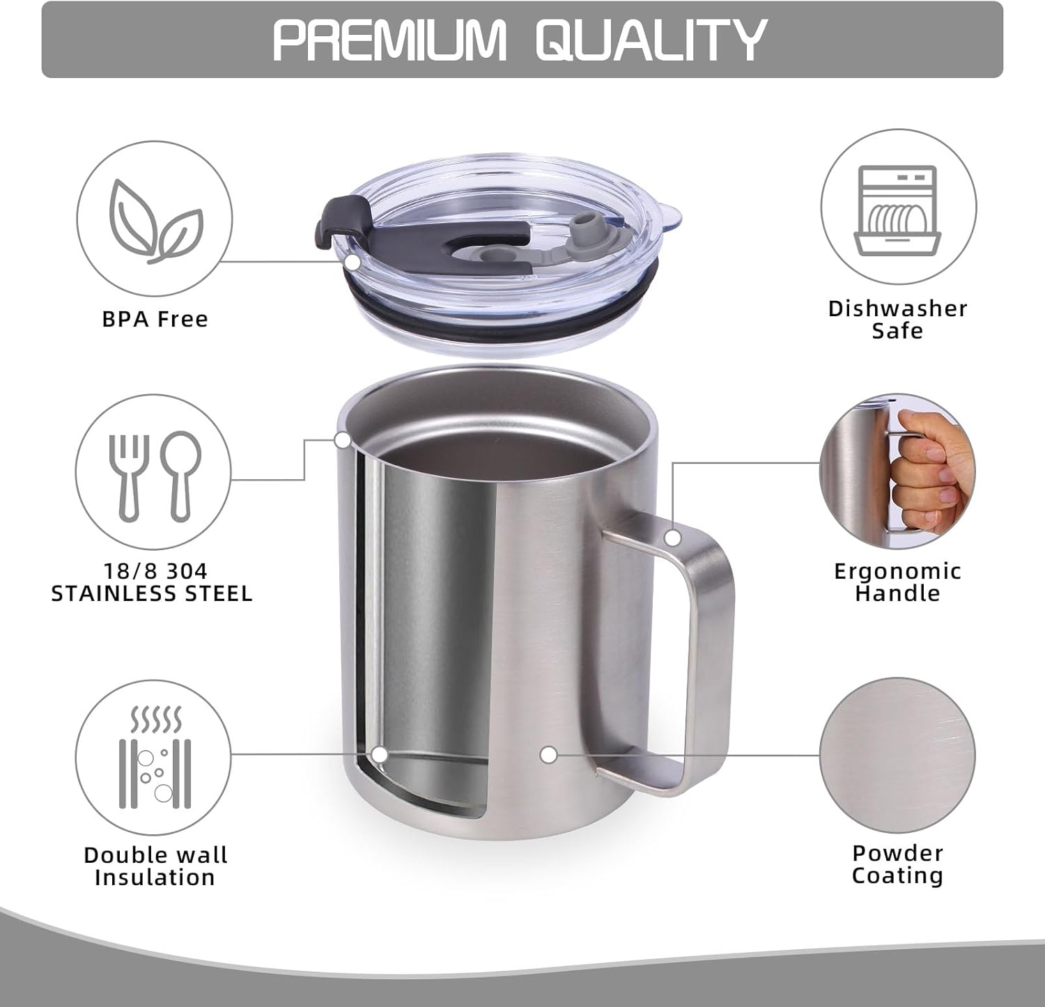 Volhoply 12oz Insulated Leakproof Coffee Mug with Flip & Straw Lid Bulk 8 Pack,Double Wall Vacuum Stainless Steel Travel Tumbler Cup with Handle,Reusable Camping Keep Cold/Hot(Silver,8 Set) - Image 3