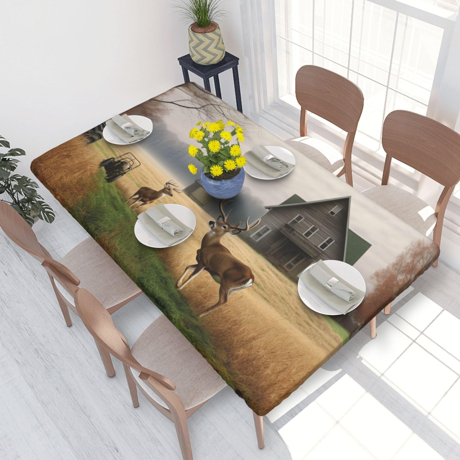 DCARSETCV Farm with deer Printed 4FT Waterproof Tablecloth with Elastic Edged Protect & Decor Your Table, Oil-proof Washable Table Cloth Cover for Dinner Picnic Party