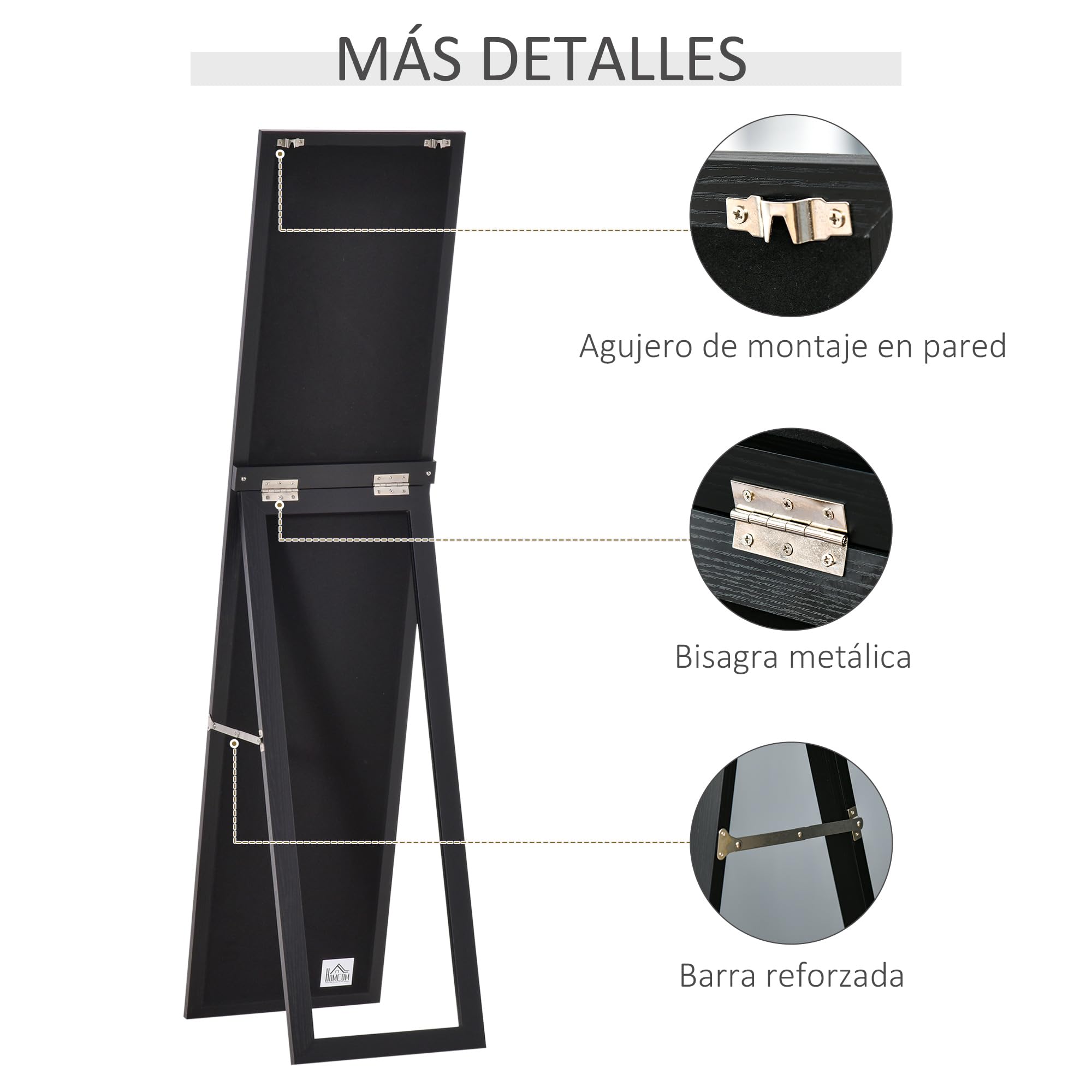 HOMCOM Espejo de Pie Cuerpo Entero Espejo Pared Rectangular con 2 Formas de Uso Moderno para Pasillo Dormitorio Sala de Estar 37x37x154 cm Negro