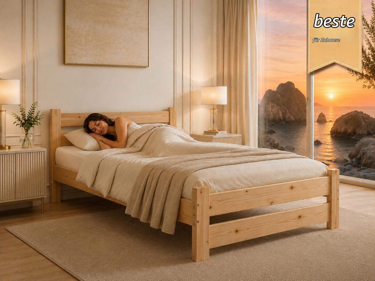 Massivholzbett | Futonbett | Naturholzbett bettgestell | Hochbett aus 100% Naturholz | kopfteil Bett | Bett mit lattenrost Und kopfteil |Seniorenbett | bettgestell (90x200 cm)