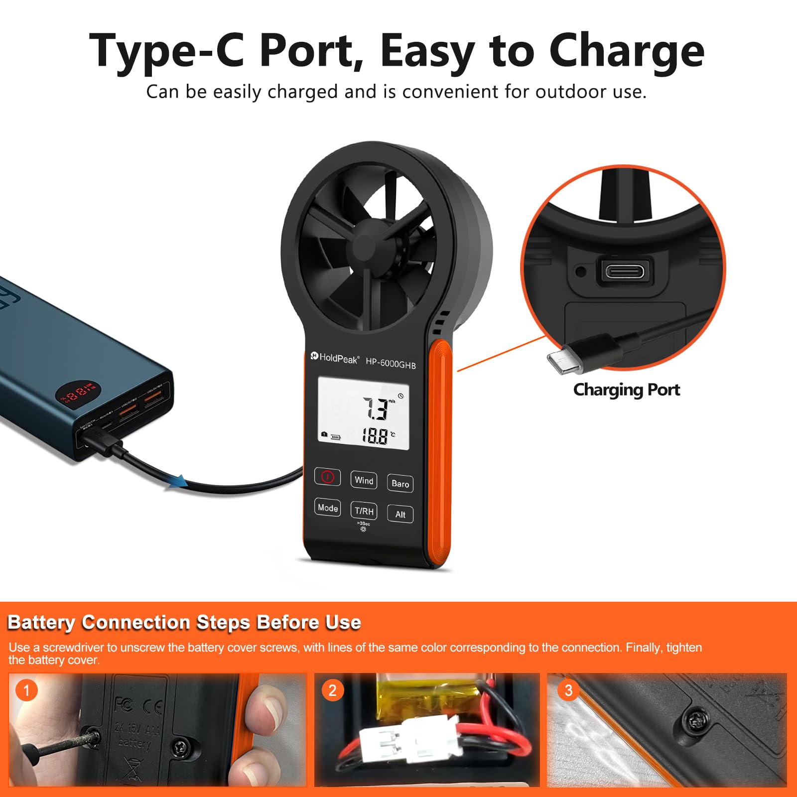 Anémomètre numérique HP-6000GHB - Vitesse du vent, débit d'air, température Max/Min, rétroéclairage USB-C, étanche