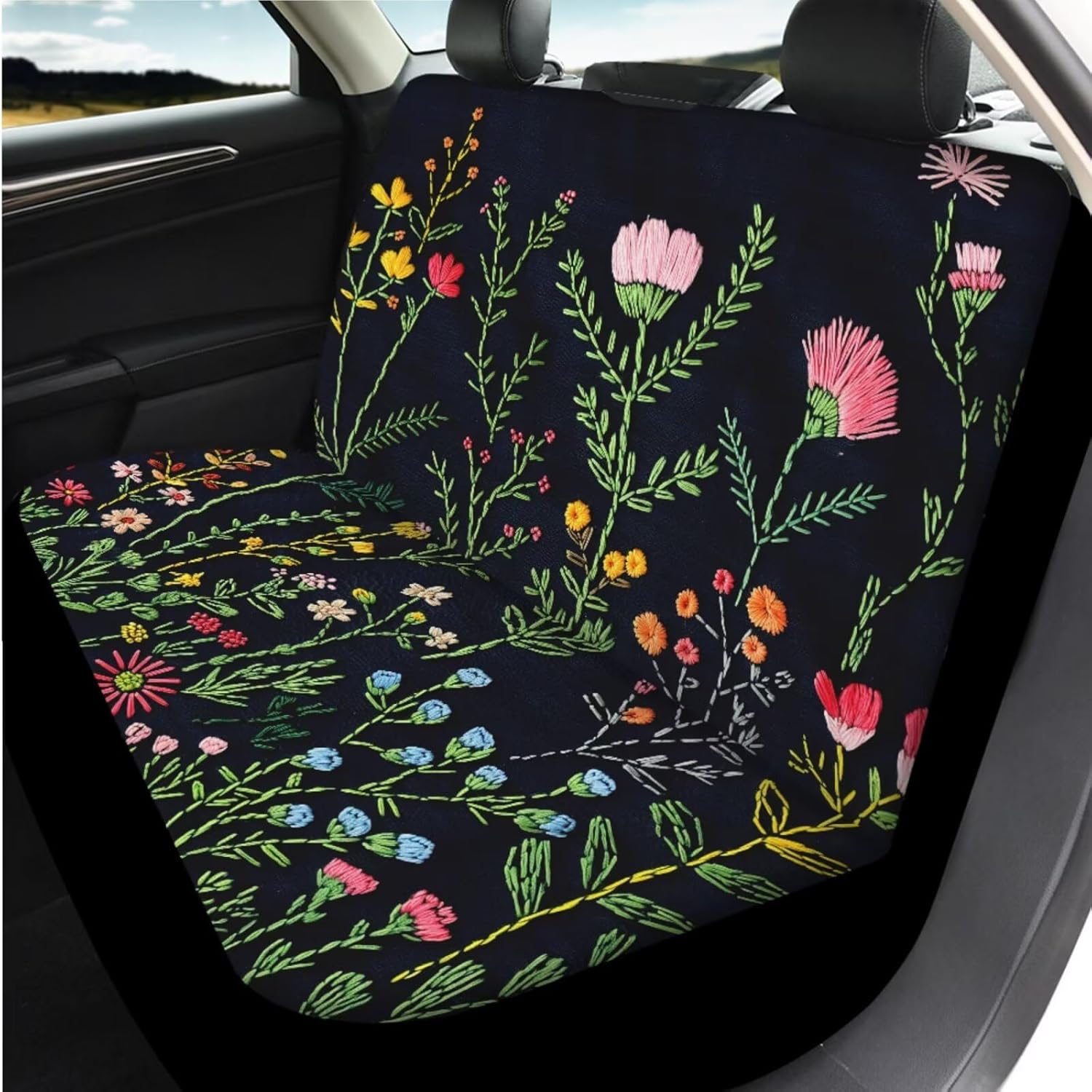 14 Pcs Wildflower Car Seat Covers Full Set with Steering Wheel Cover, Armrest Cushion Head Rest Protector Seat Belt Covers, Floral Automotive Interior Sets Universal Fit Cars SUV Trucks