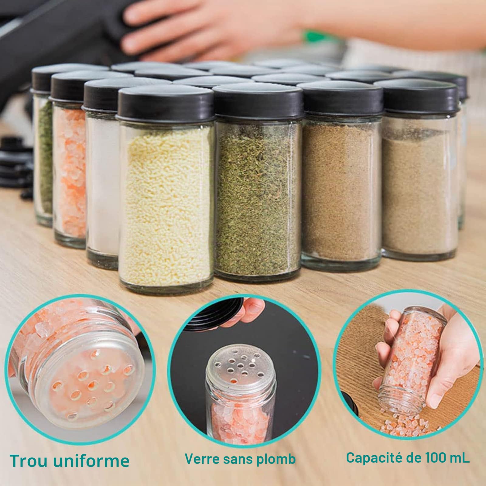 BestAlice Étagère à épices rotative avec 18 pots à épices en verre, grande roue rotative à 360 degrés, amovible, noir