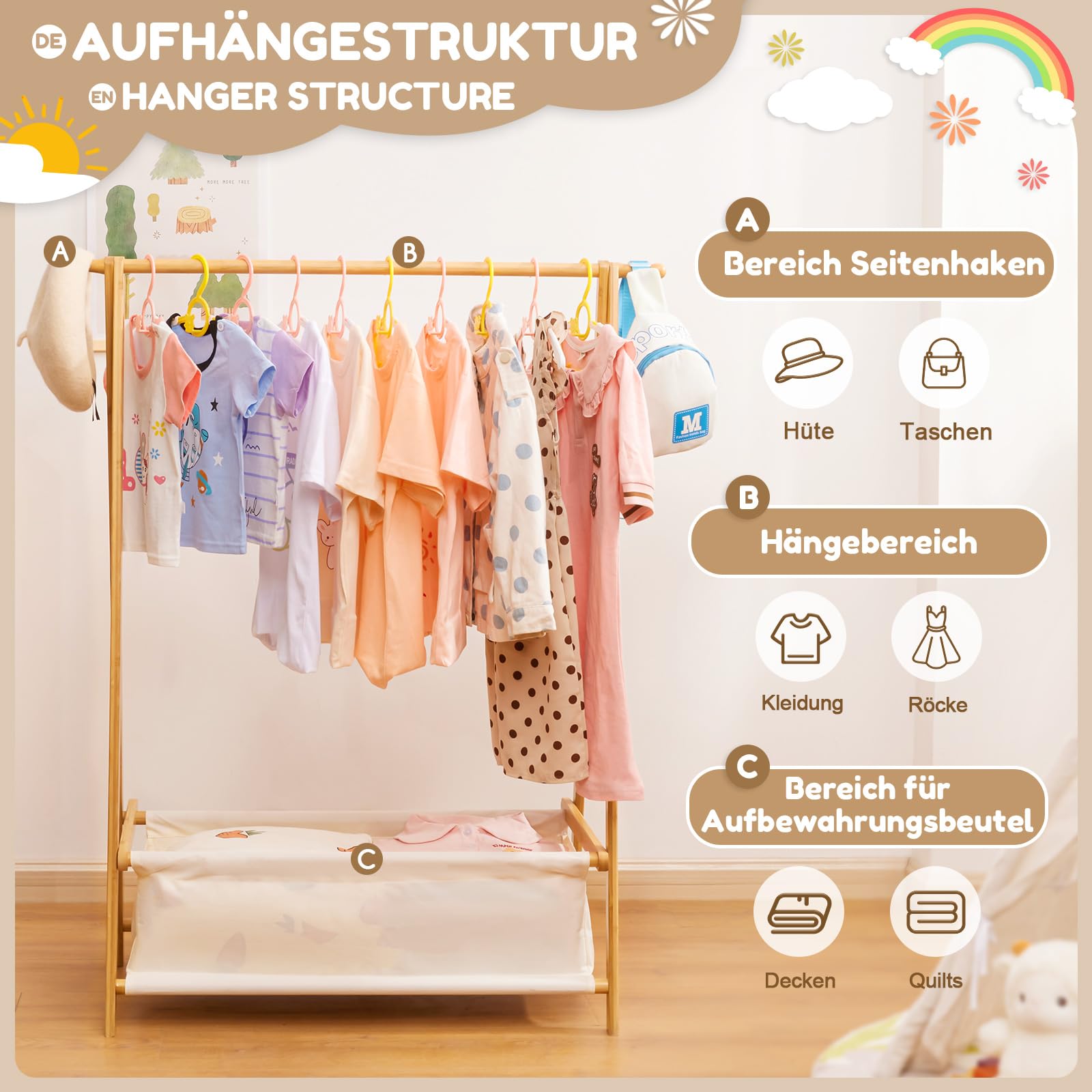 Yorbay Kinder Kleiderständer Bambus Garderobenständer mit Aufbewahrungskiste, Kindergarderobe mit Kleiderstange, für Baby- & Kleinkinderzimmer, Mädchen & Jungs (Natur)
