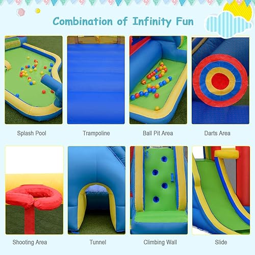 Vista 33 de BOUNTECH Castillo inflable para tobogán acuático, castillo de salto de parque acuático 6 en 1 para niños con 2 piscinas de salpicaduras, anillo