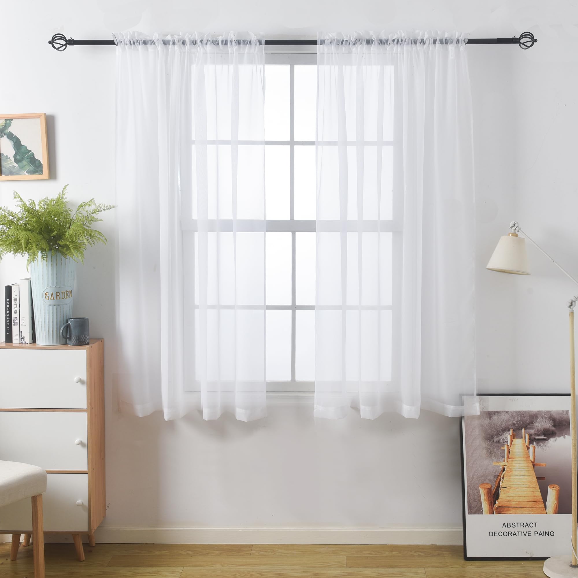 Aquazolax White Curtains Nets for Windows, Pair of Rod Pocket Voile Door Panels with Tie Backs for Bedroom/Living Room