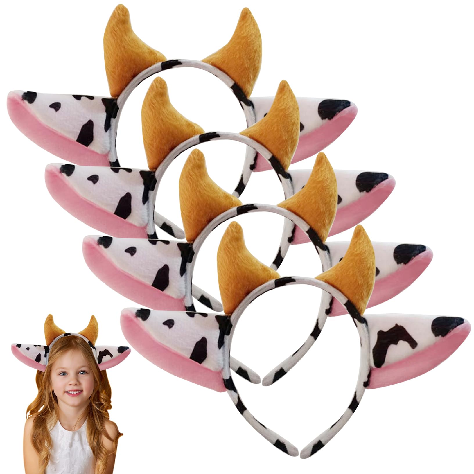 Lot De 4 Serre-Têtes En Forme D'oreilles De Vache Pour Adulte - En Peluche Douce - Oreilles De Vache Mignonnes Et Cornes - Accessoires De Costume Pour Filles Et Femmes - Déguisement De Fête