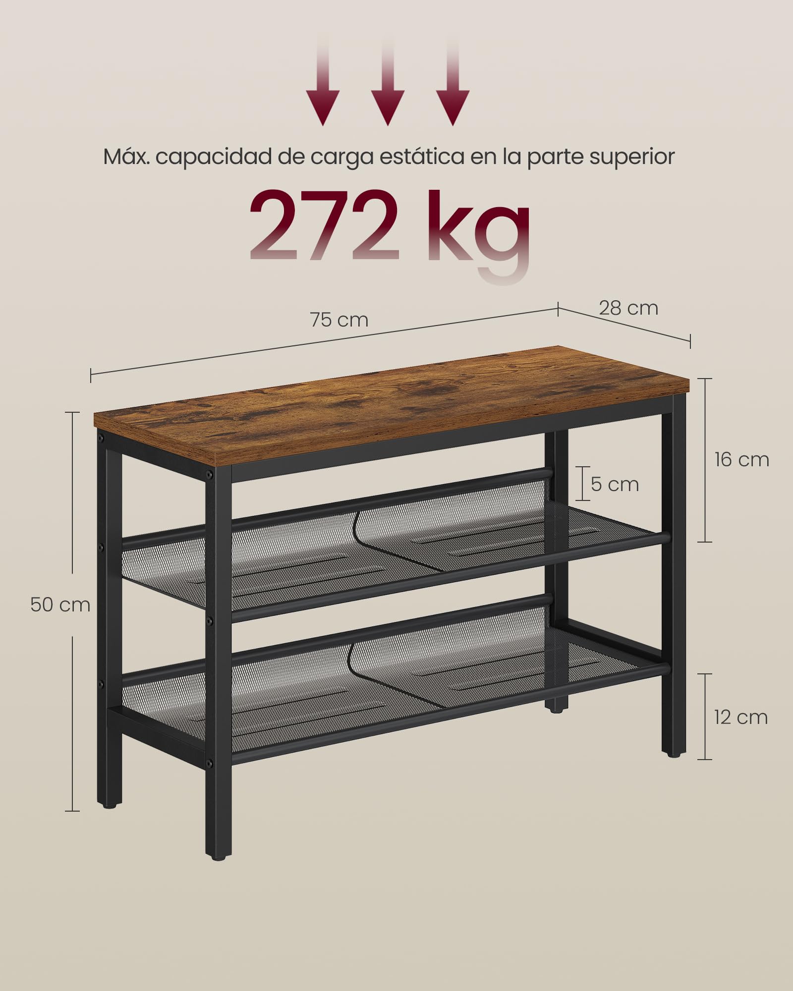 VASAGLE Banco Zapatero de 3 Niveles, Estantería Monobloque, Estante para Zapatos con Bordes Elevados, Estilo Industrial, Montaje Fácil, 28 x 75 x 50 cm, Marrón Rústico y Negro Tinta LSB070KD02