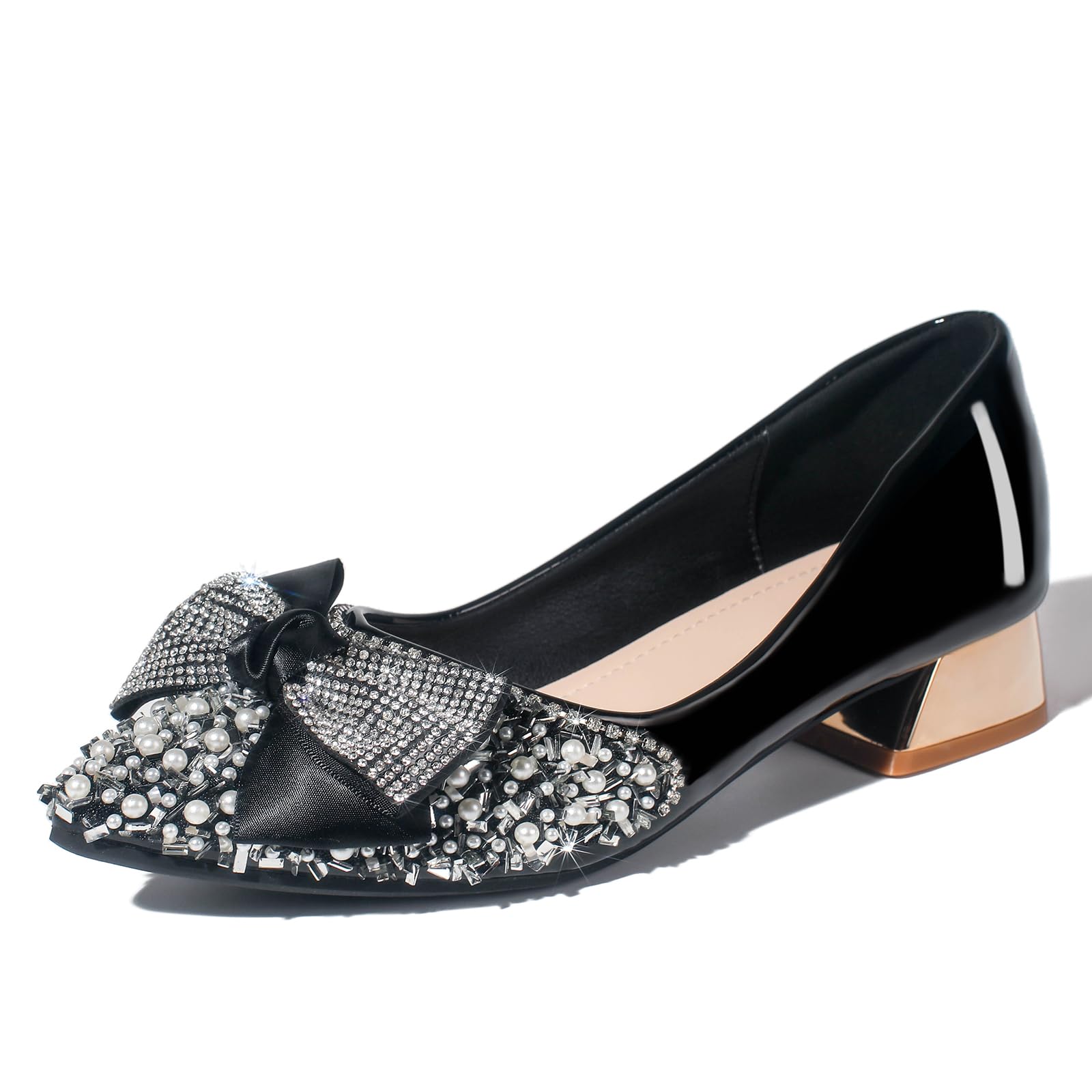Women's Pumps, Closed Toe Chunky Heels for Women Pointed Toe Rhinestones Bridal Party Dressy Shoes Comfortable Work Pumps Shoes for Office, Black, 7.5-image-25