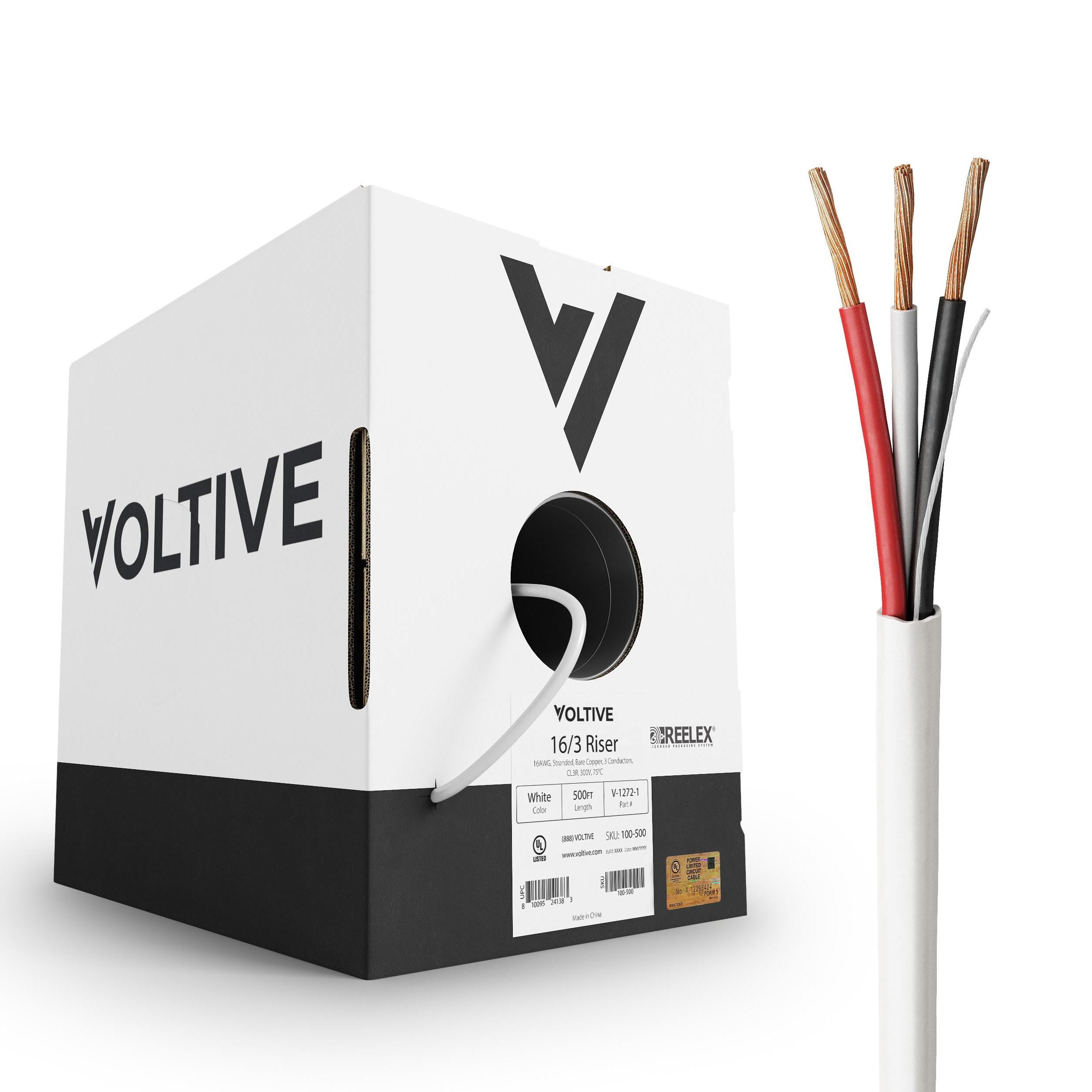 Voltive 16/3 Low Voltage Wire, Riser CL3R, White, 500ft - 16AWG, 3 Conductors, Stranded Bare Copper, UL Listed - V-1272-1