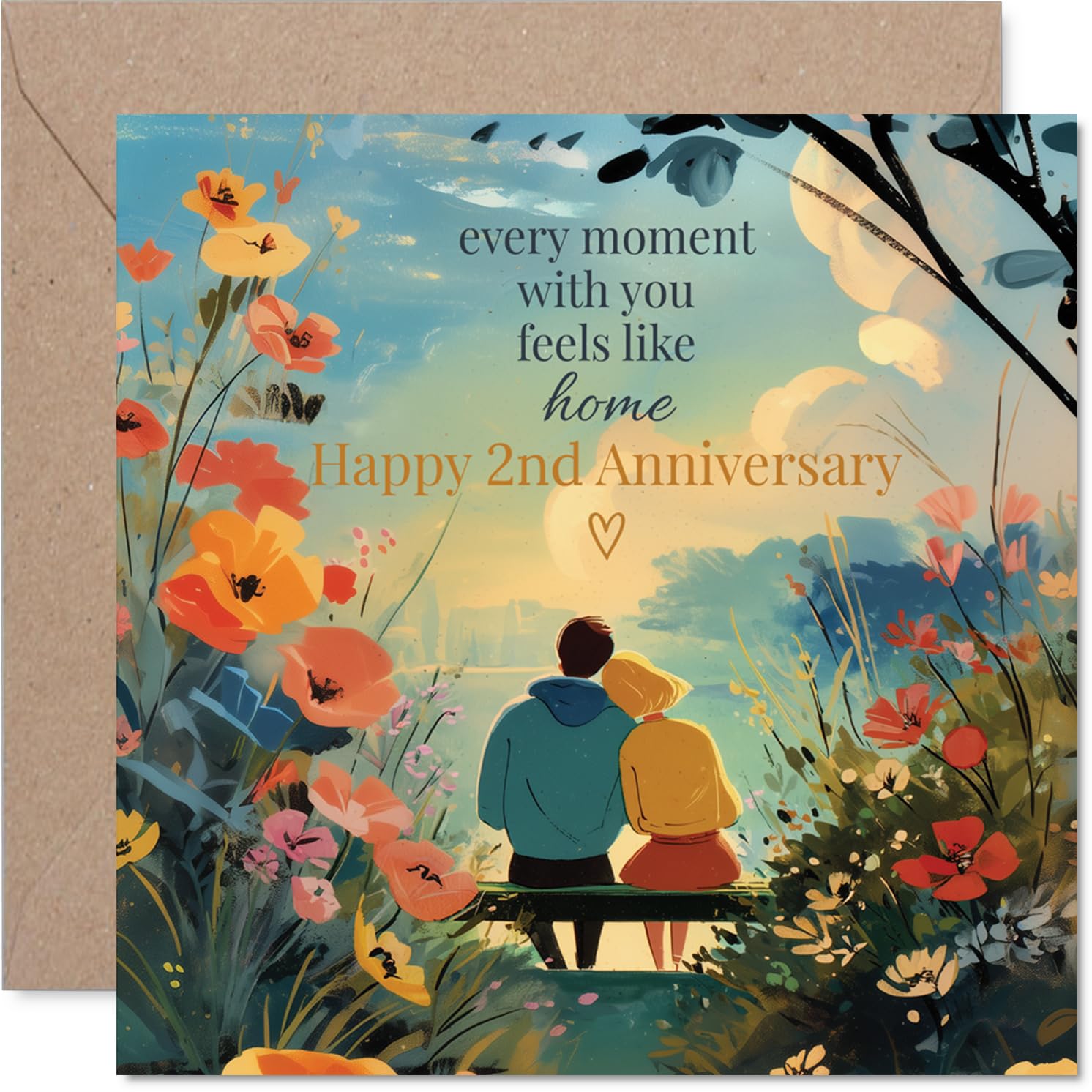 Romantic 2nd Anniversary Card - Every Moment Feels Like Home - Illustrated Couple on a Bench at Sunset with Wildflowers - 145mm Square, Envelope Included