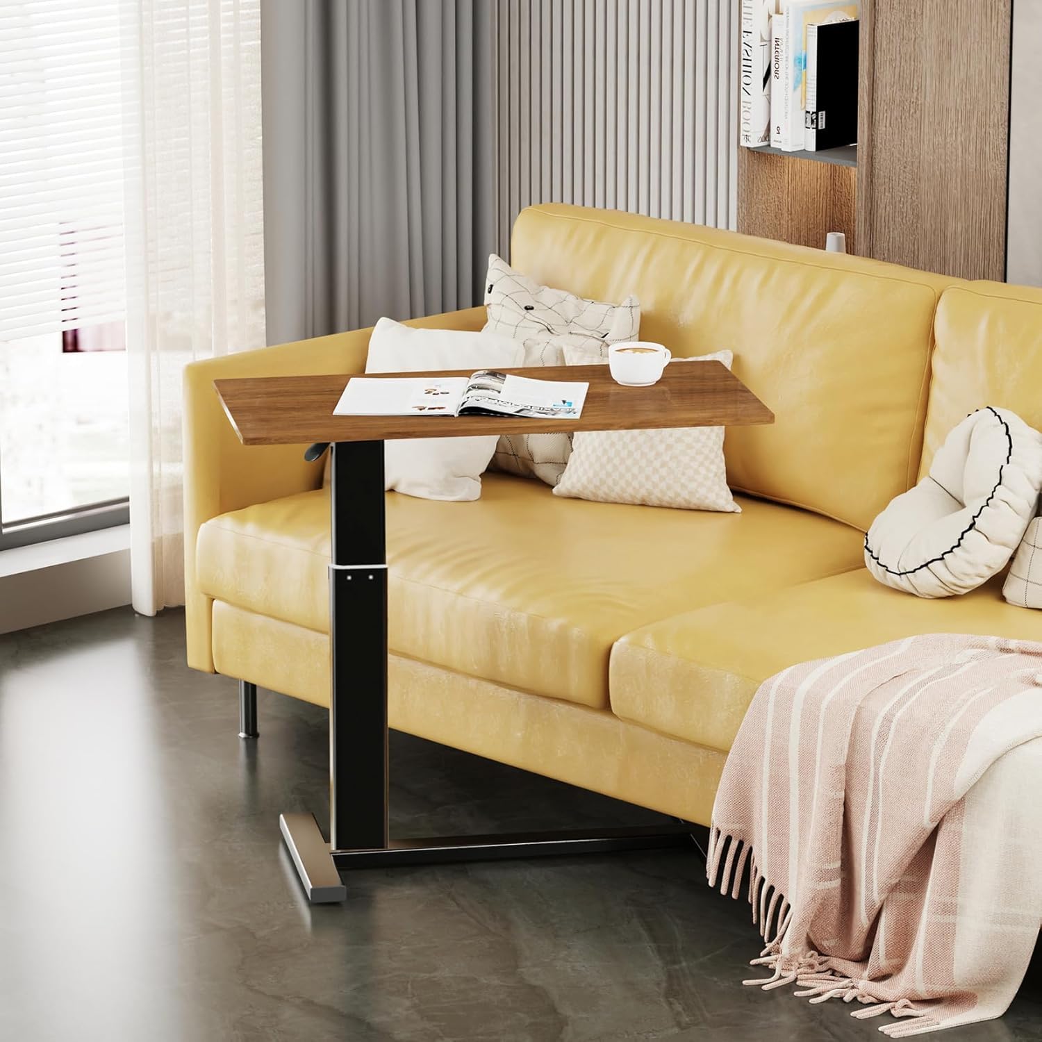 FATIVO Mesa Auxiliar Cama con Ruedas: Mesa Lateral Móvil Portátil en Forma de C de Madera y Metal de Altura Ajustable para Salón Sofá Oficina Mesa de Comer Médica Hospital