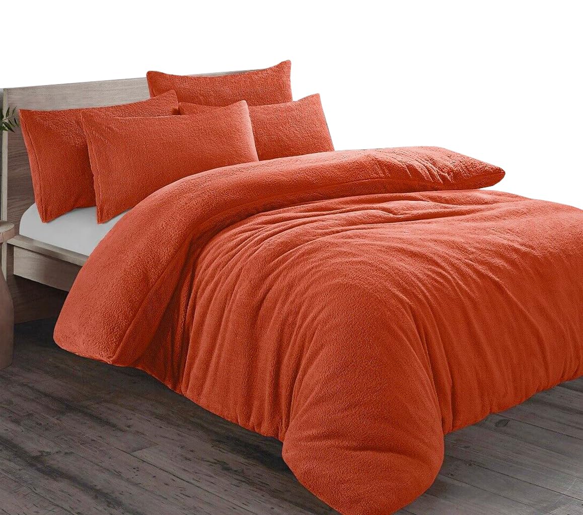 Teddy Fleece Sherpa Duvet Cover Set – Thermal Warm & Cosy Bedding with Pillowcase, Soft 100% Polyester Quilt Cover, Available in All UK Sizes, Ideal for Autumn & Winter (Brunt Orange, Super King)