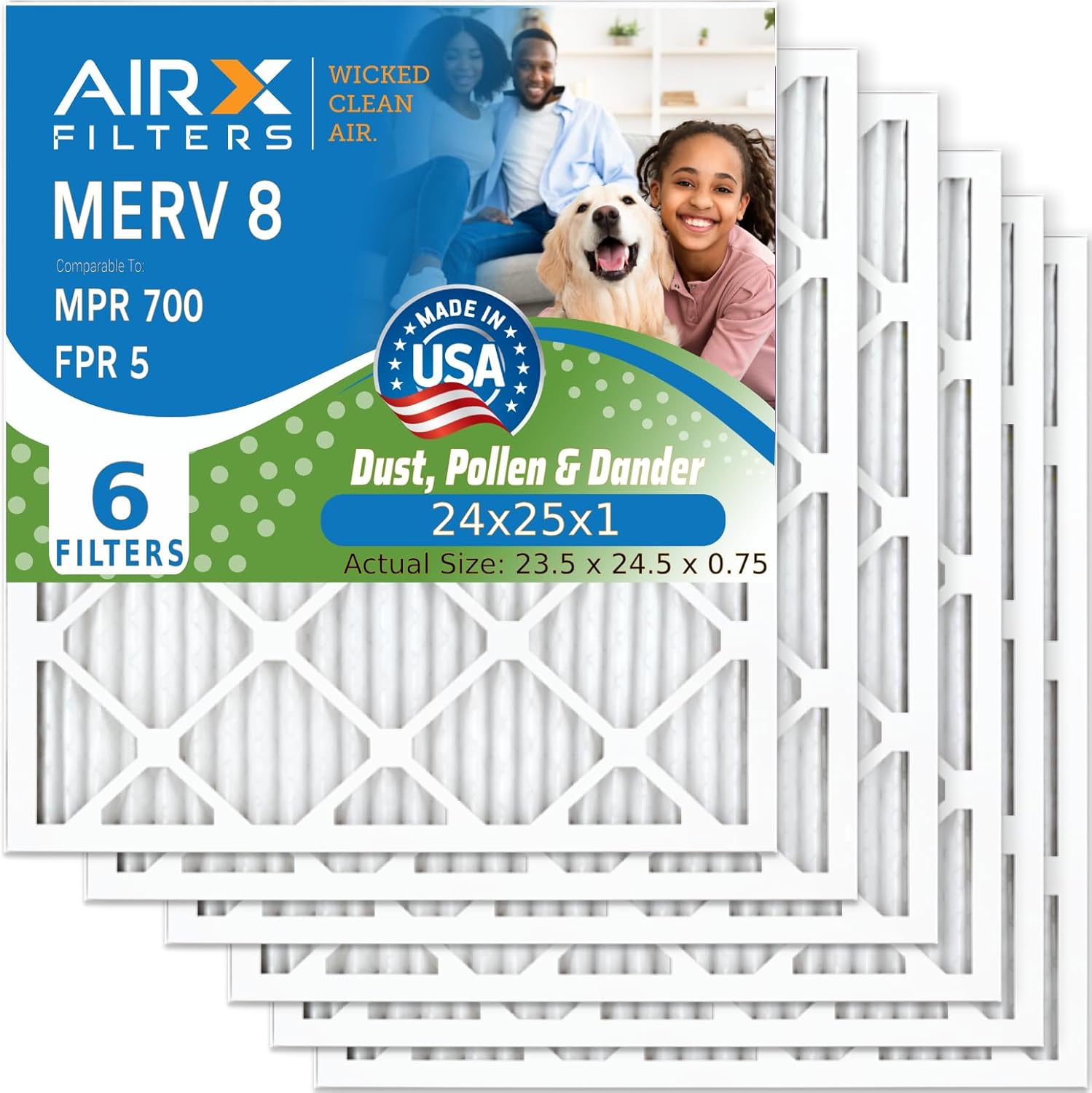 AIRx Filters 24x25x1 Furnace Filter MERV 8 Electrostatic Pleated Replacement HVAC AC Air Filter For Dust, Pollen, Lint & Dander Control, 6-Pack