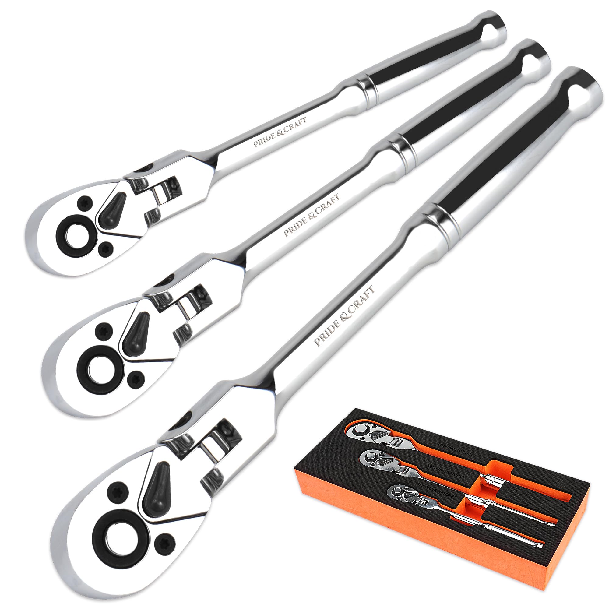 3pc Flex Head Ratchet Wrench Set, 1/4", 3/8", 1/2" Drive, 72-Tooth, Socket Wrench Quick Release Reversible Design, Chrome Alloy Made, EVA Organizer
