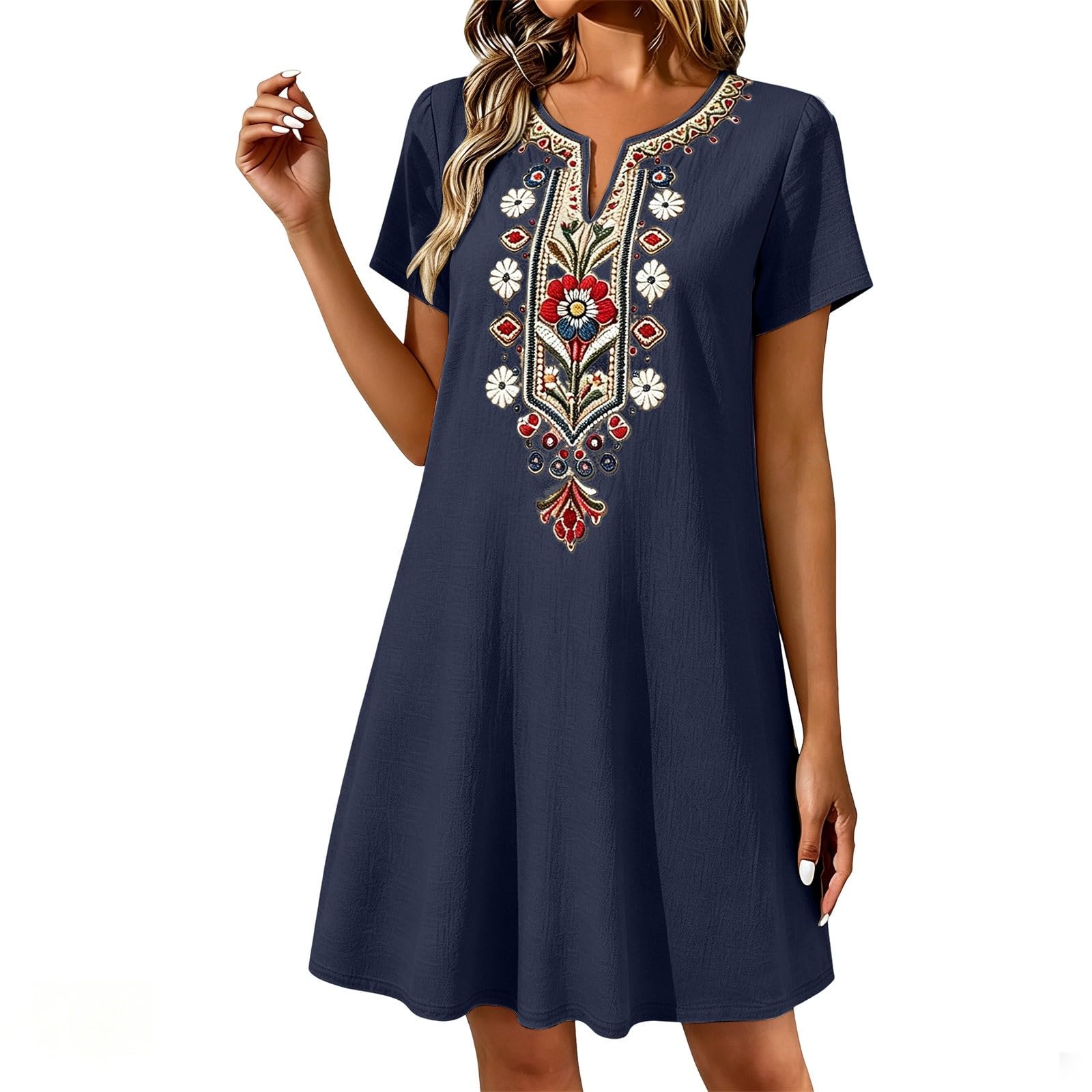 Vestiti Estivi Donna Cotone Lino Ricamo Floreale Abiti Boho Chic Dress Vestito da Mare Elegante Abiti Cerimonia Manica Corta Scollo a V al Ginocchio Vestito Donna Estivo Corto Casual