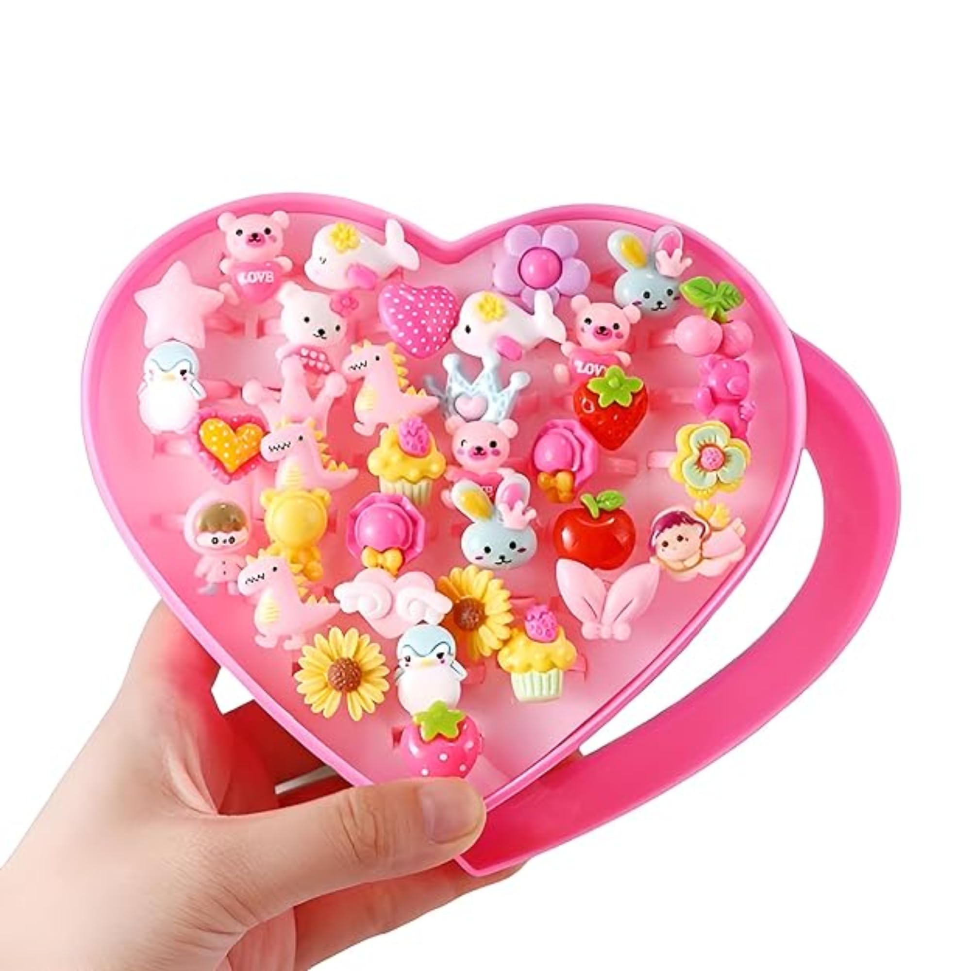 VORSET 36pc adjustable rings for kids Fashion Cartoon Children kid rings for girls With Heart Shaped Showcase For Party baby finger ring Gift with box
