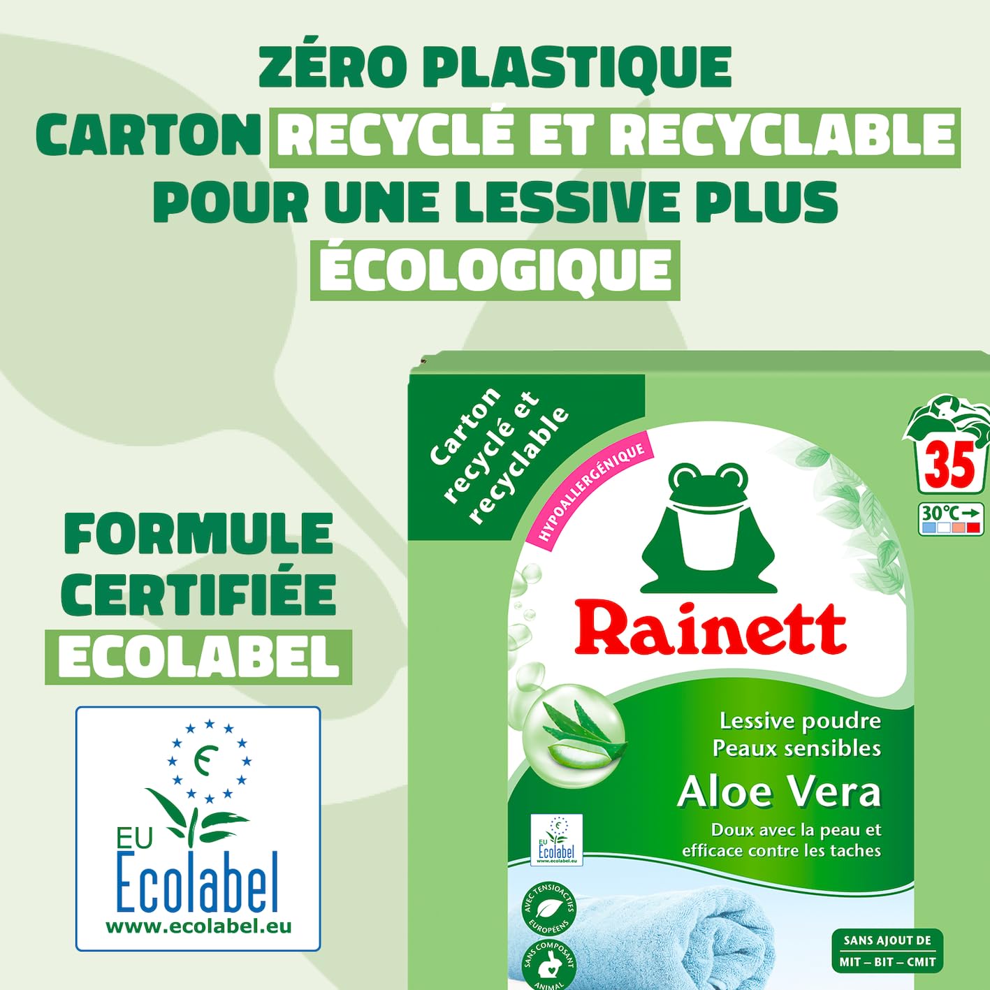 RAINETT - Lessive Poudre Peaux Sensibles - Formule Hypoallergénique - Tensioactifs d'Origine Végétale - Carton Recyclé & Recyclable - Ecolabel - Aloe Vera - 35 Lavages - 2,345 kg