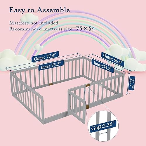 Miniatura 10 de Tatub Cama Montessori de suelo individual con rieles altos, marco de cama Montessori de madera maciza para niños, la entrada se puede instalar a