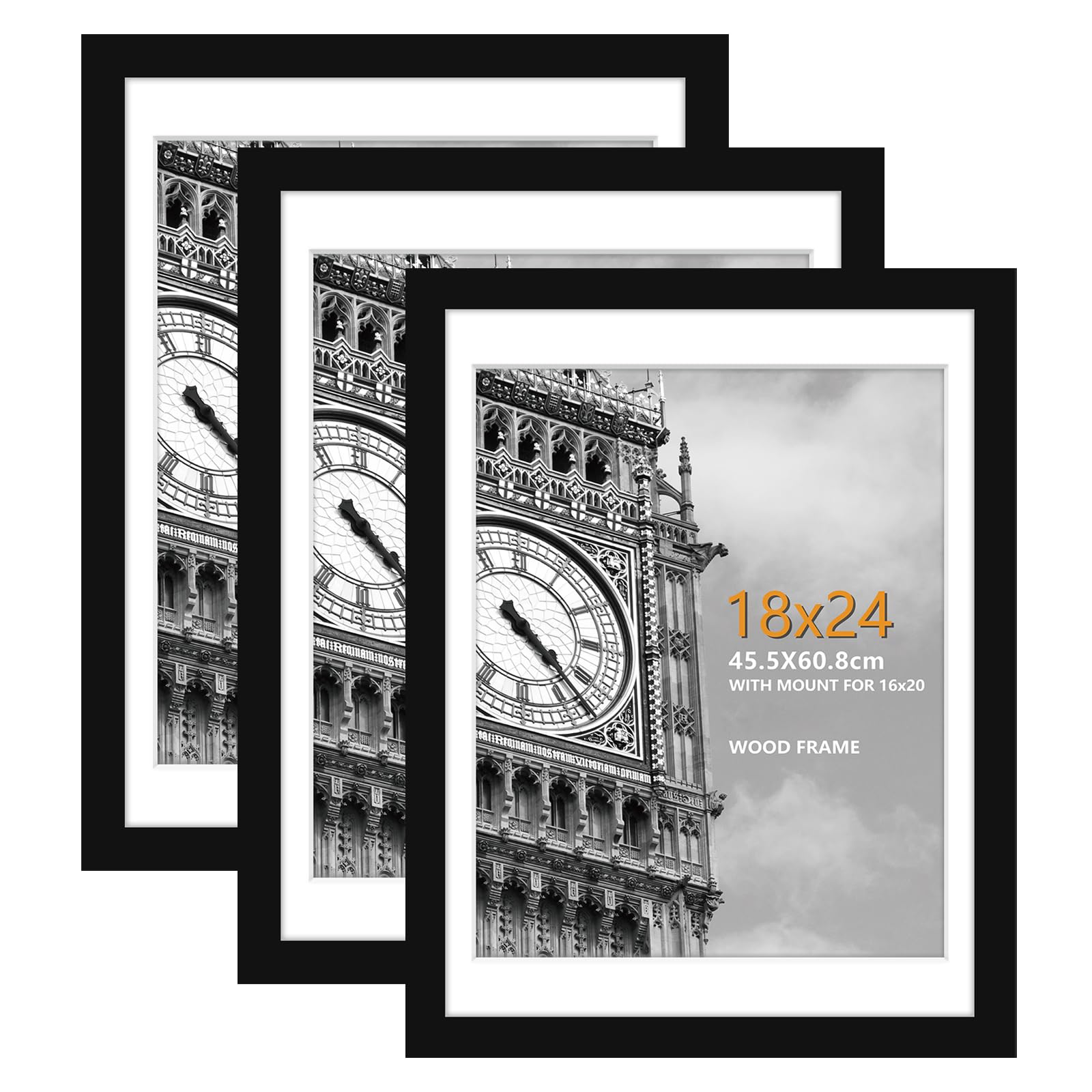 18 x 24 Inch Frame, 3 Pack Black Wooden Photo Frame with Plexiglass Front