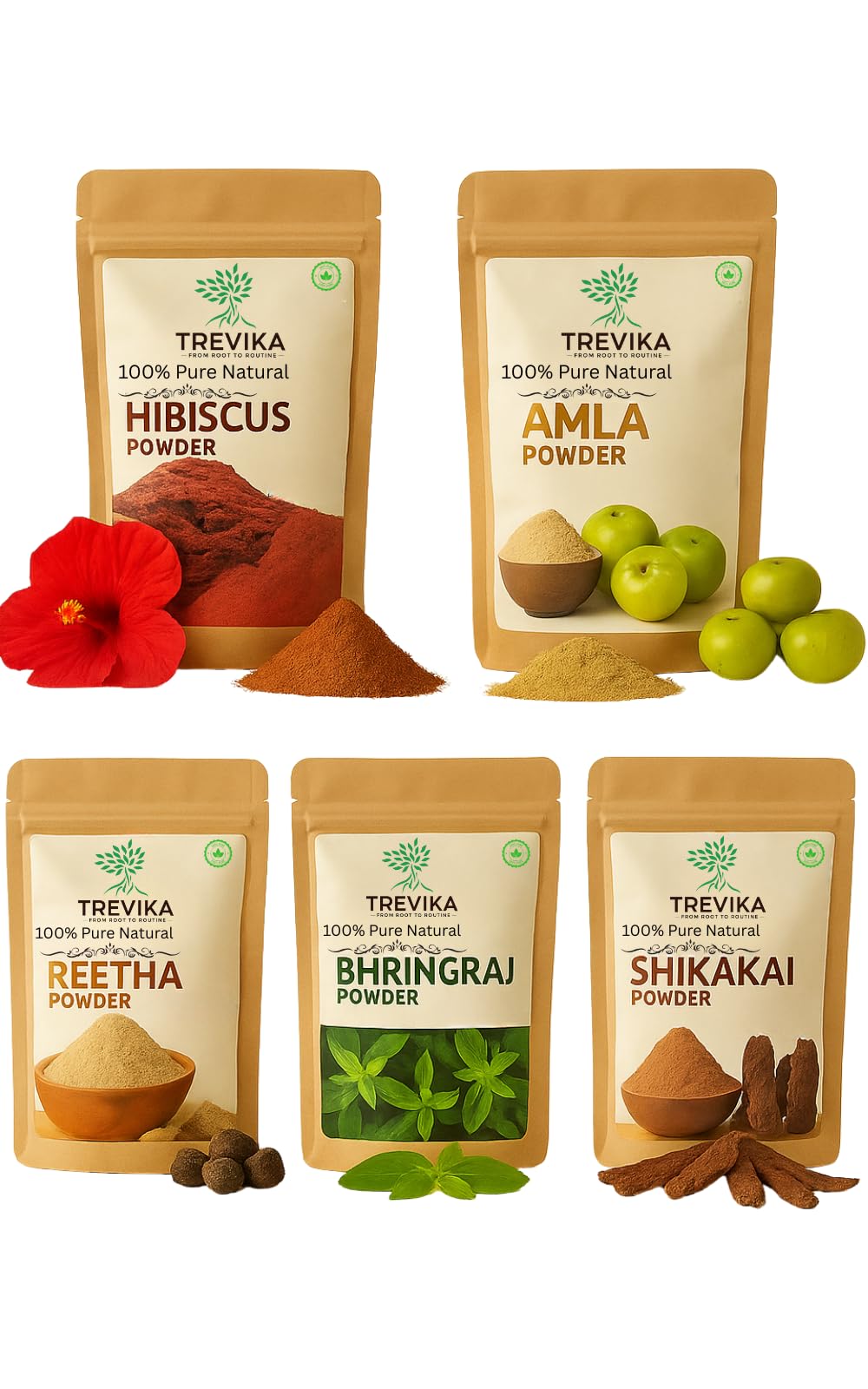 Trevika Amla Reetha Shikakai Bhringraj Hibiscus Powder | 5 in 1 Combo | 100% Pure Natural Ayurvedic Herbs | Hair Growth | Hair Fall Control | Scalp Care | Pack of 5 (100g Each, Total 500g)-image-37