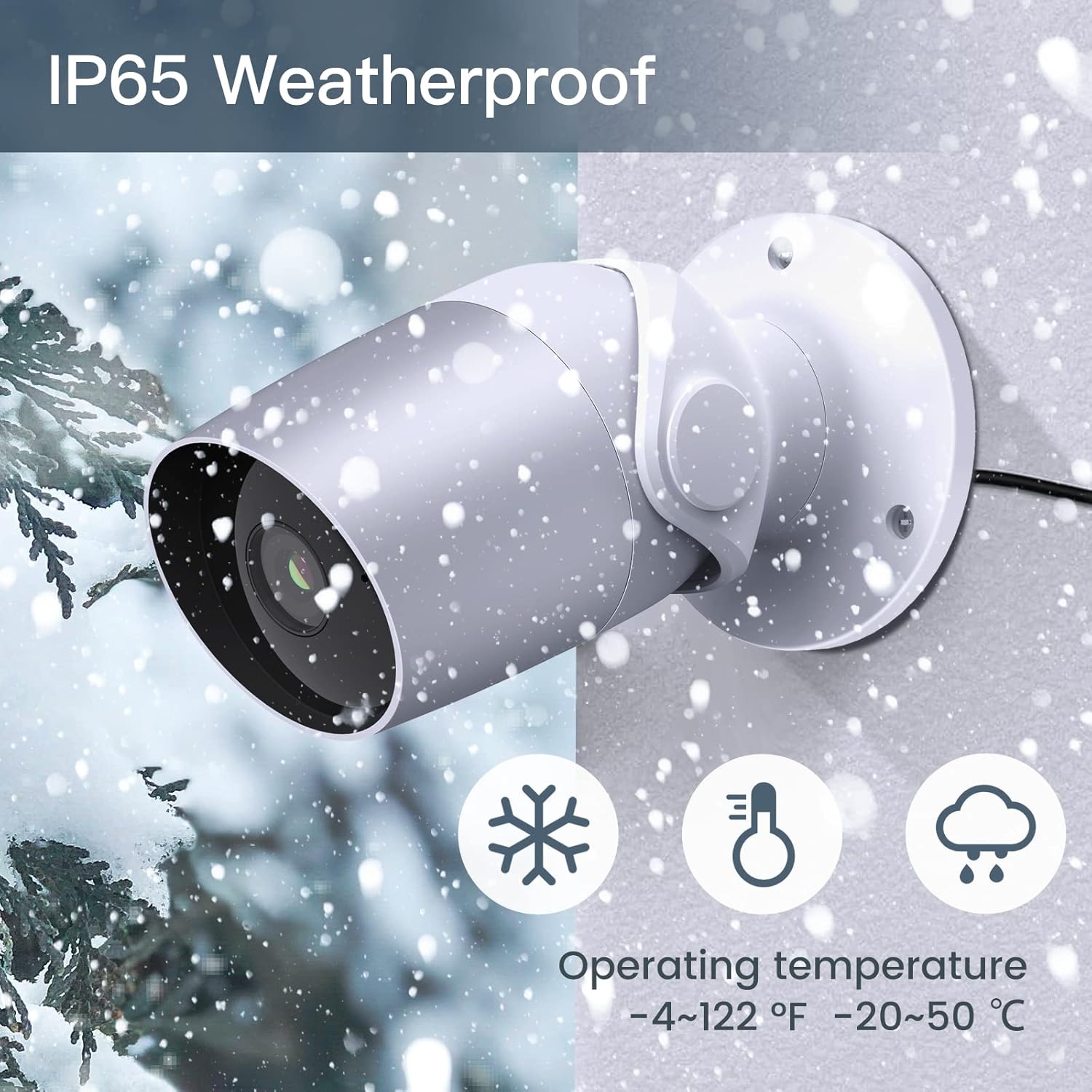 LAXIHUB camera mounted outdoors in snowy conditions, with icons for snowflake, thermometer, and rain cloud, indicating its IP65 weatherproof rating and operating temperature range.