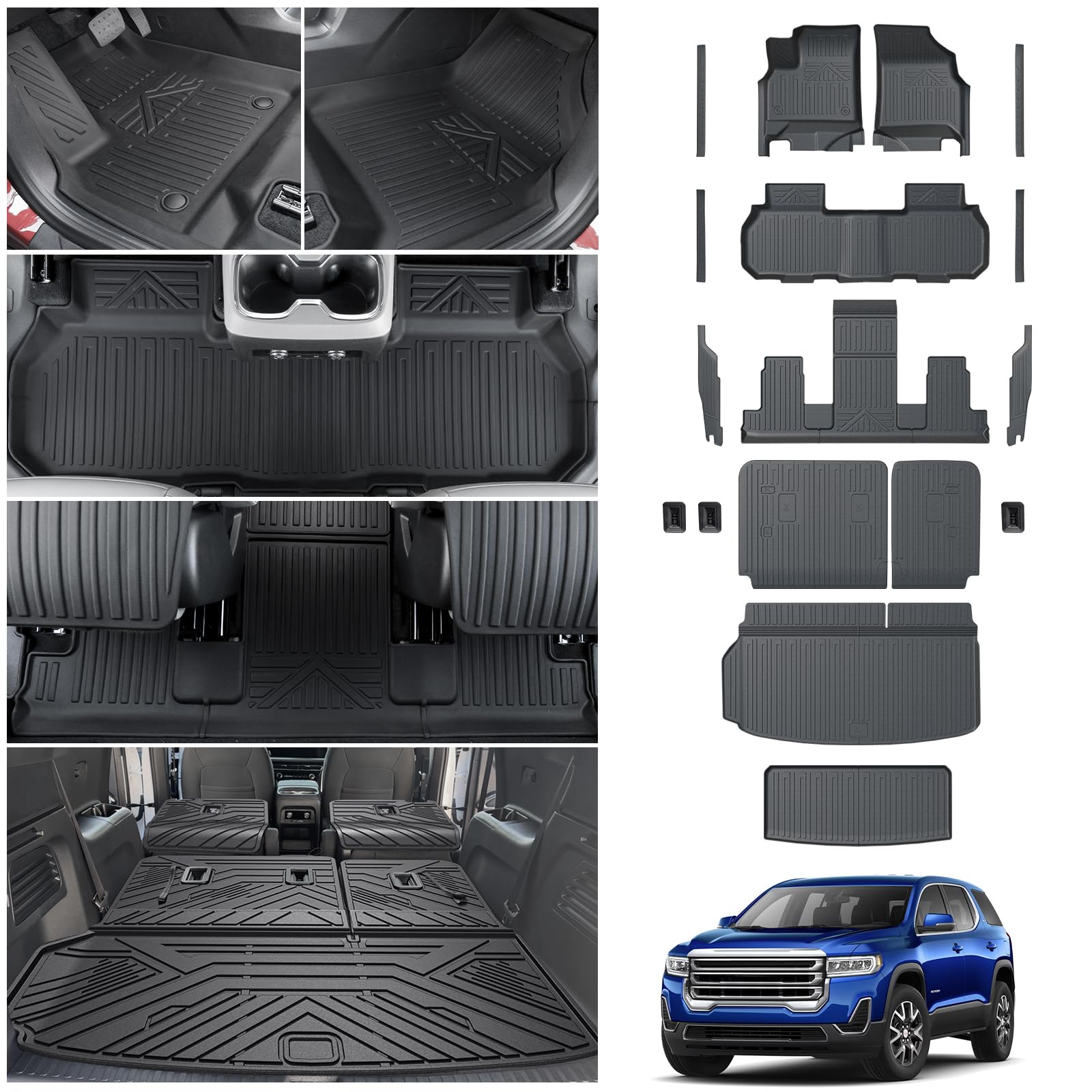 Floor Mats & Cargo Liner & 3rd Row Backrest Mat for 2024 2025 GMC Acadia 7 Seats, Door Sill Protectors, All Weather TPE Mats Set Including Floor Liners Trunk Mat Accessories