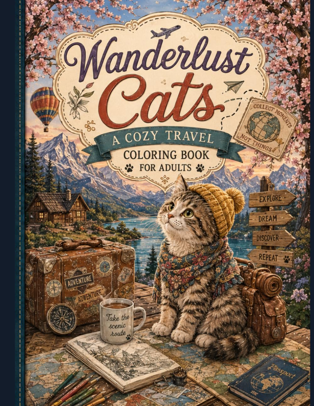 Wanderlust Cats: A Cozy Travel Coloring Book for Adults