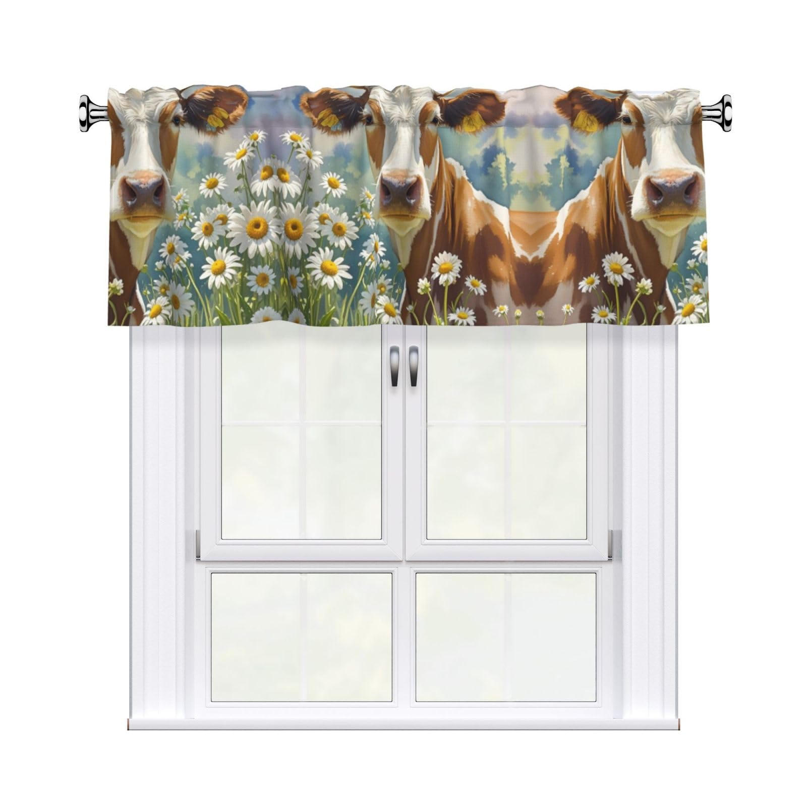 LMNGH Watercolor Cow and Daisy Flower Curtain Valance for Windows,Kitchen Window Curtains Blackout Drapes Window Treatments Decorative Rod Pocket Short Curtain for Living Room Bedroom,54" W x 18" L