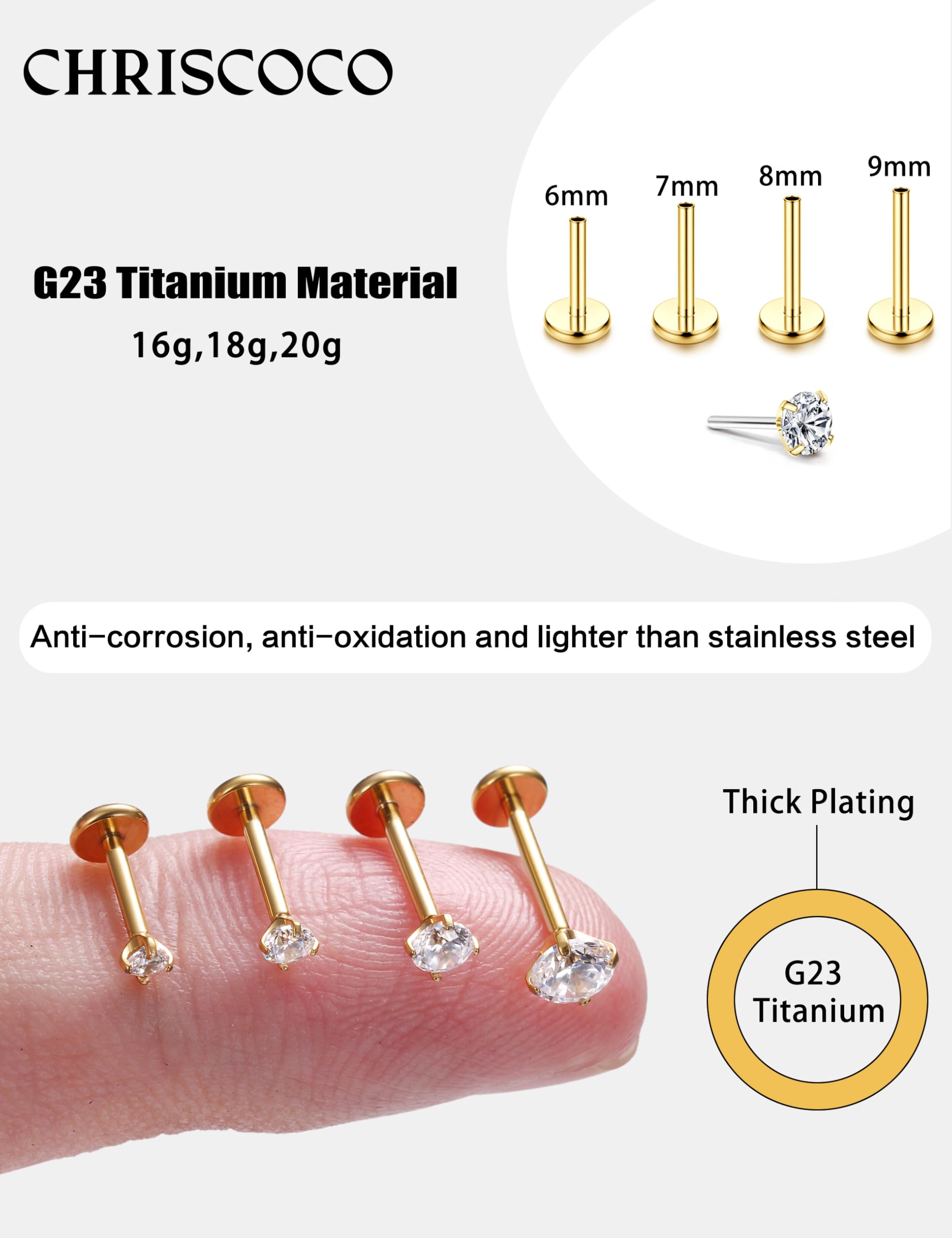 Chriscoco 4-8 sztuk G23 Titan Helix piercing do nosa, wargi, tragus, conch, labret, meduza, złoty, srebrny, do chrząstki, 16 g/18 g/20 g