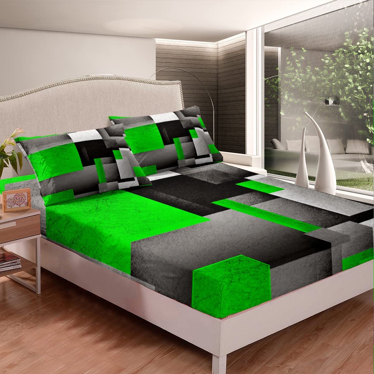 Juego de sábanas geométricas para niños, sábanas geométricas verdes, grises y negras con bolsillo profundo para niños, juego de sábanas modernas de arte abstracto, transpirable, decoración de cuadros