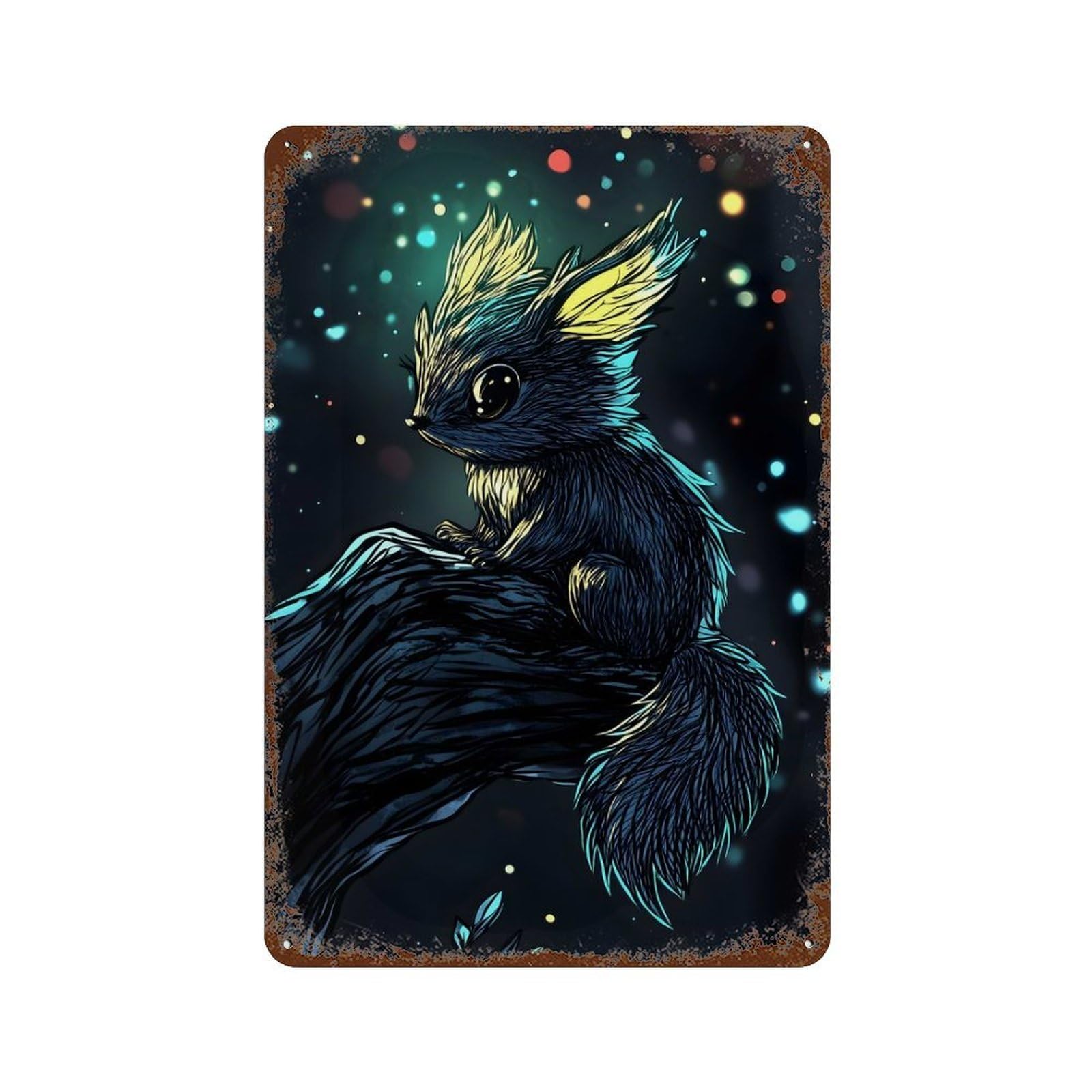 Furry Creature in Night Sky Rust Effect Tin Sign 11.8"x7.9", Industrial Home Decor for Basement, Hobby Room And Garage Decor