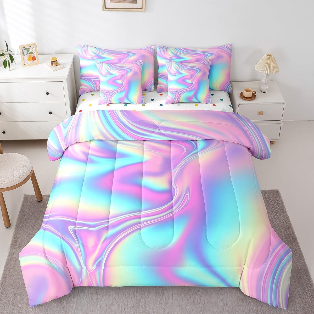 Erosebridal Gradient Ripple Twin Size Comforter Set Bed in a Bag， Ombre Tie Dye Kids Girls Bedding, Abstract Modern Art Luxury Soft Bedding Comforter Sets, Purple Blue Colorful Chic Bed Sheets Set