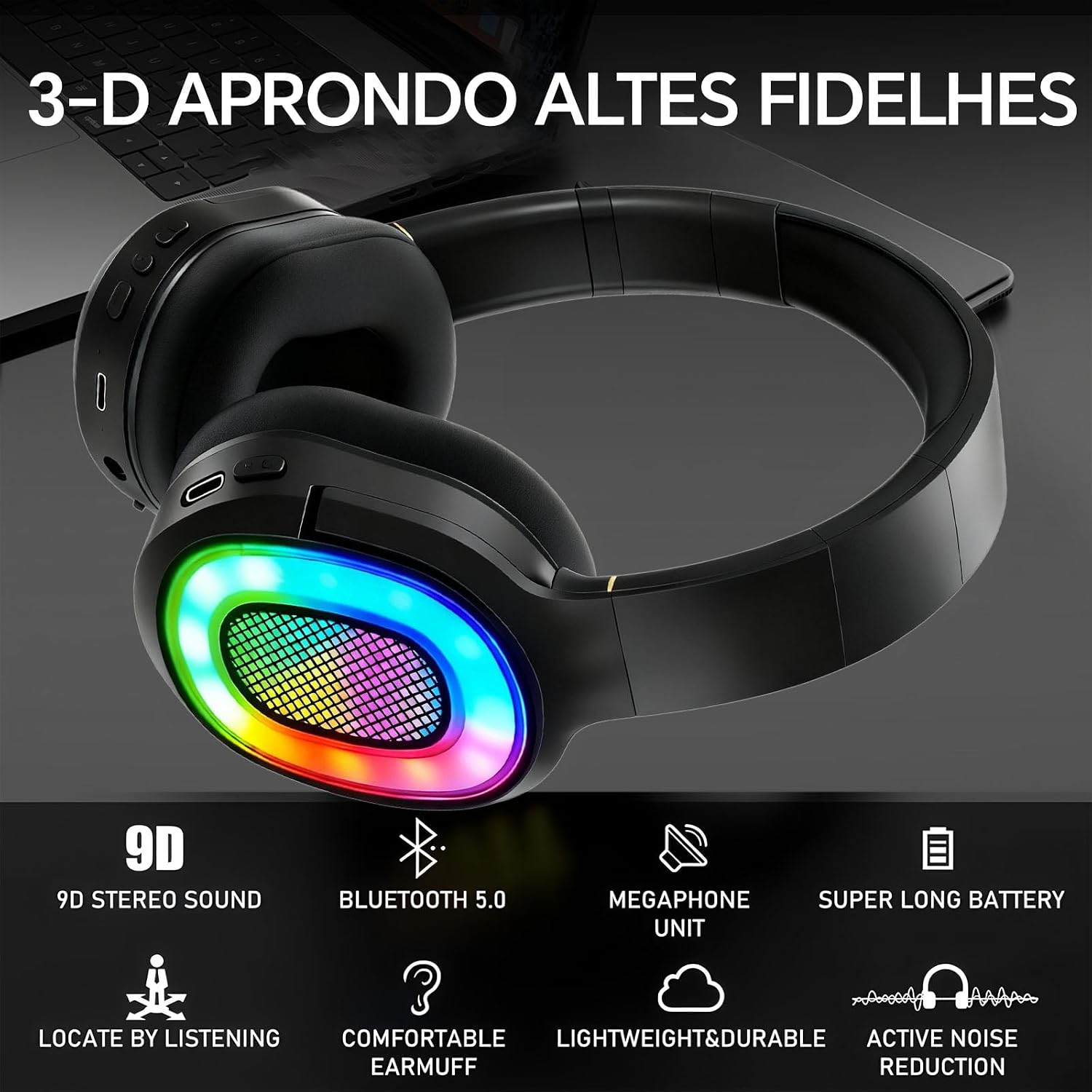 Fones de ouvido Bluetooth com luz LED, com microfone estéreo, fones de ouvido sem fio dobráveis, para viagens de jogos/escritório em casa/PC/celular(branco) Fones de ouvido Bluetooth com luz LED, com microfone estéreo, fones de ouvido sem fio dobráveis, para viagens de jogos/escritório em casa/PC/celular(branco)