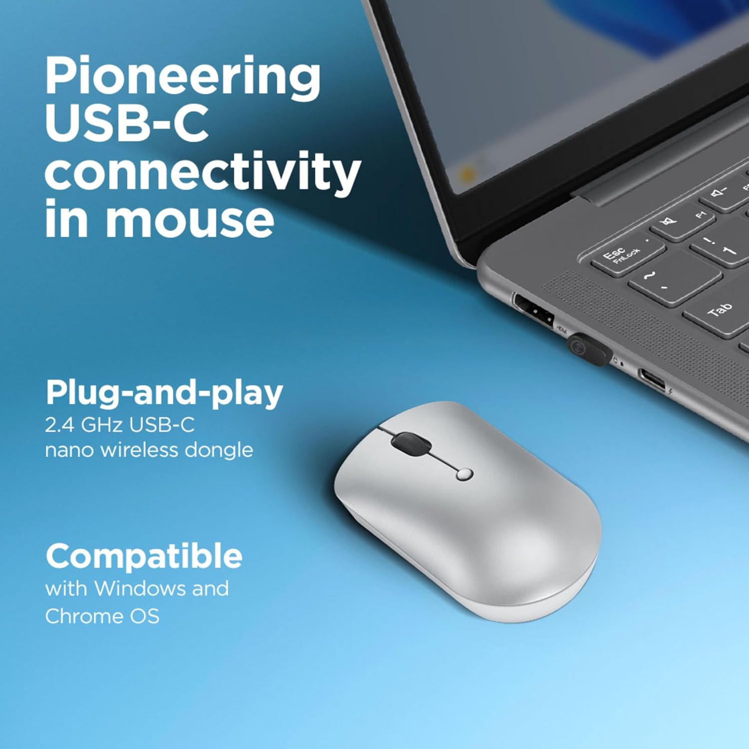 Lenovo 540 Wireless Mouse next to a laptop, highlighting USB-C receiver