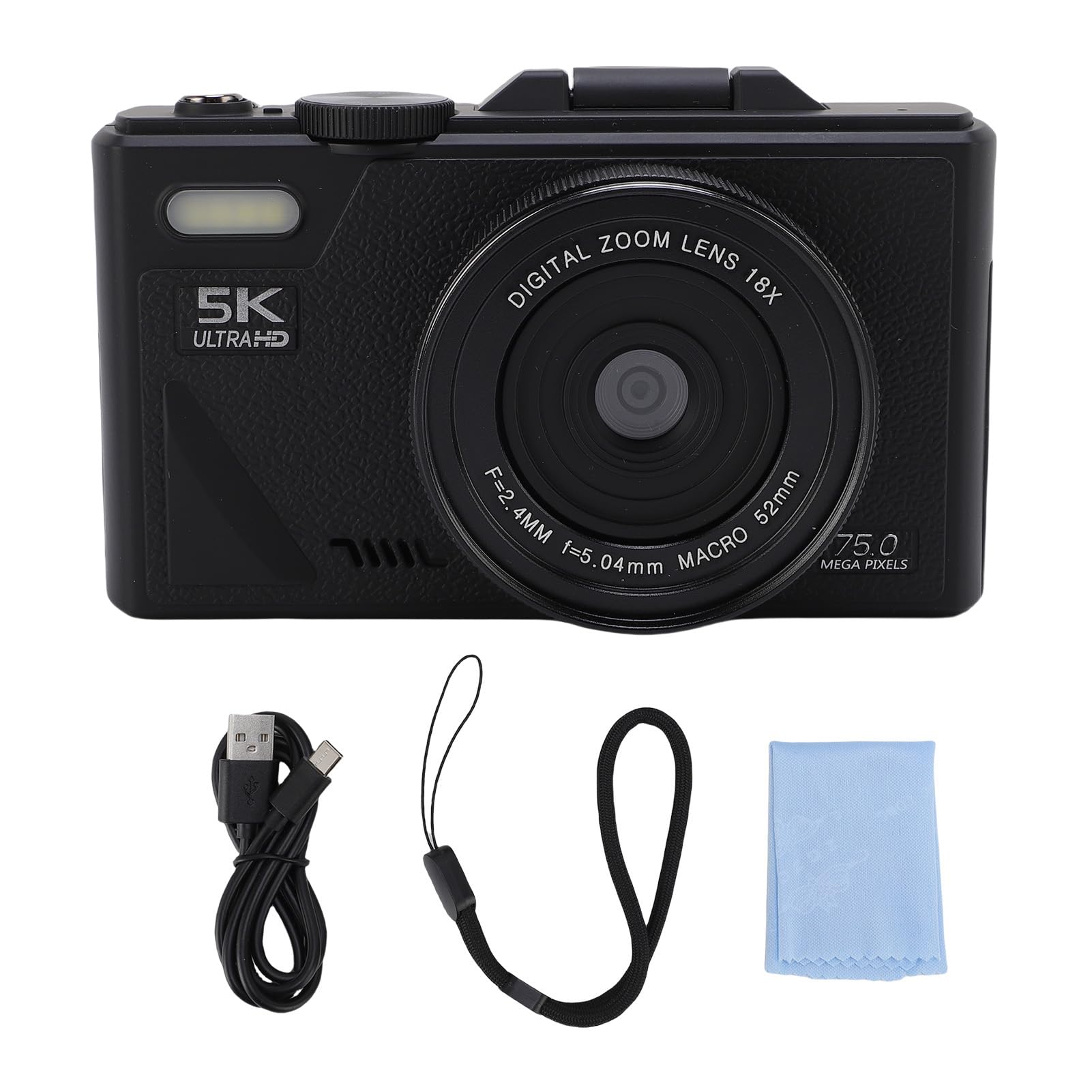 Fotocamera digitale 5K per Fotografia, 75MP Vlogging Camera con WIFI, Schermo Ribaltabile da 3 a 180°, Zoom 18X, Autofocus, Anti Shake, Fotocamera da Viaggio per Principianti