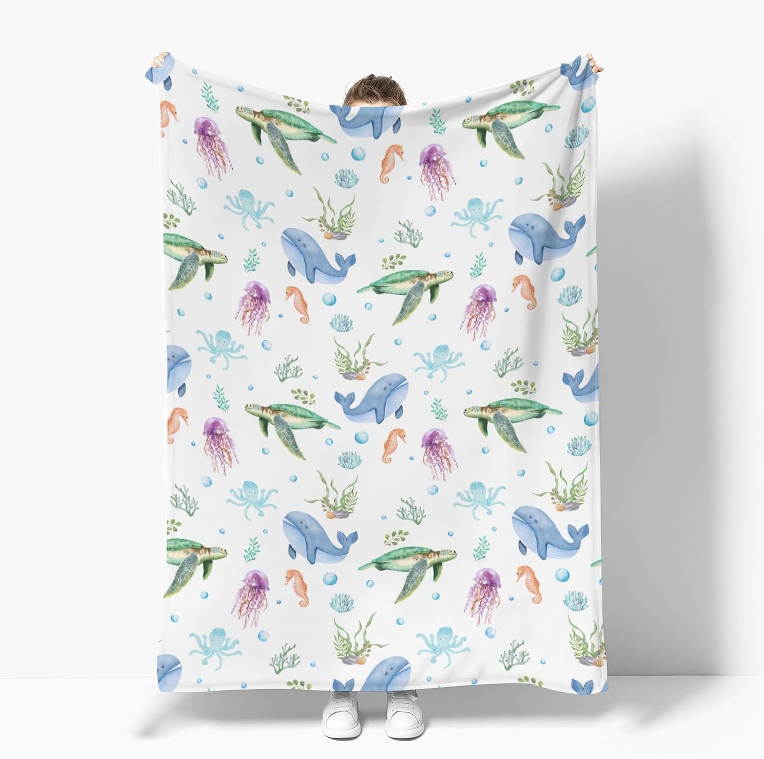 Boho Sea Animals Baby Blankets for Boy Girl Sea Horse Turtle Whale Jellyfish Coral Soft Flannel Nursery Bed Blanket for Infant Toddler Crib Coastal Marine Ocean Swaddle Receiving Blankets 40x50inch