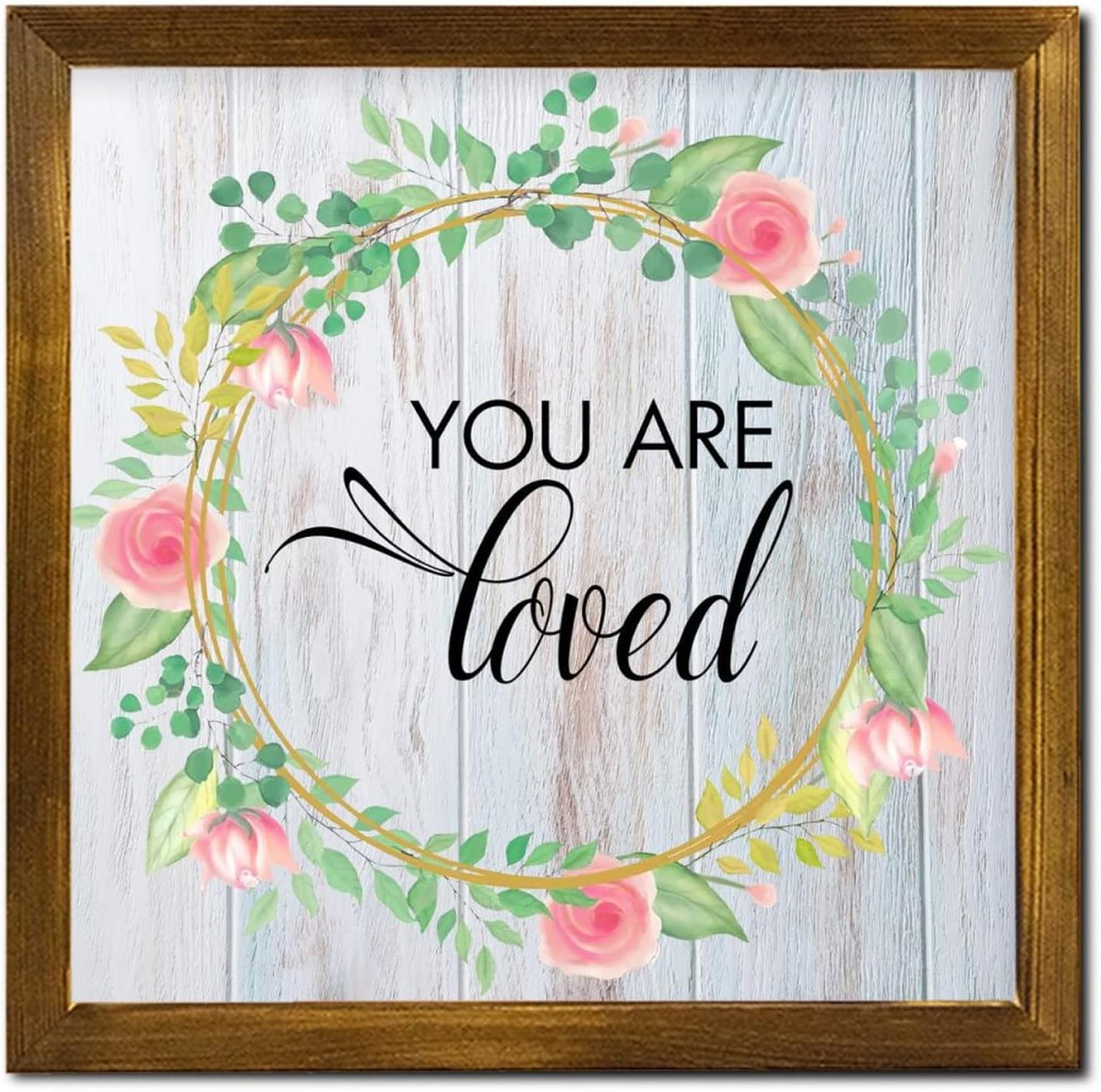 You are Loved Framed Wooden Sign Spring Rose Flower Wreath Wood Plaque Rustic Garden Floral Wall Decor Hanging Plaque Sign for Women Office Bathroom Shelf Decor 12x12 inch